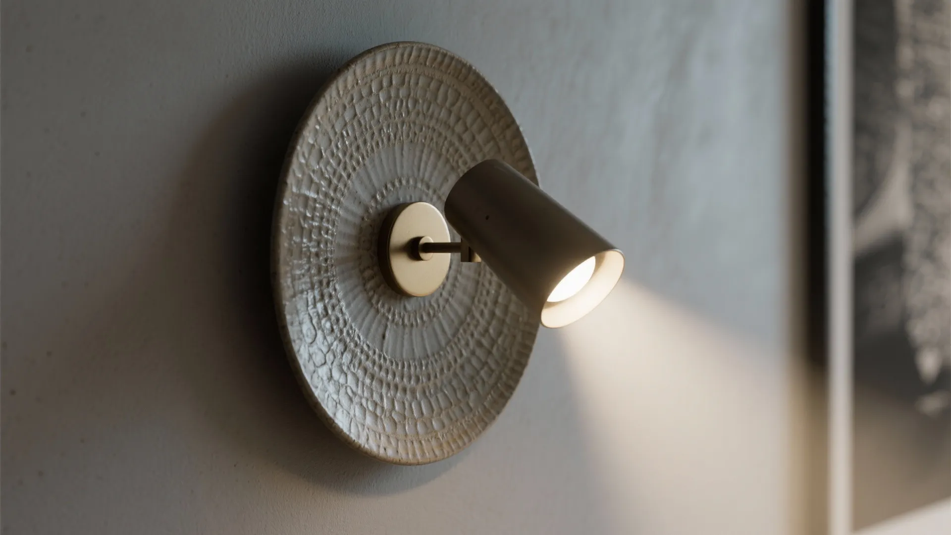 Modern small wall light with round textured backplate casting a warm glow on grey wall