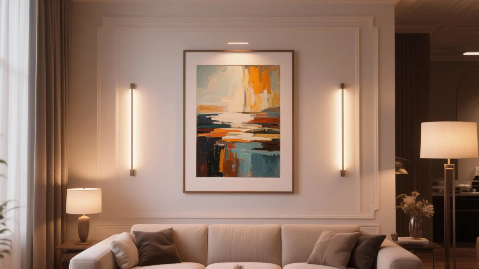 Abstract wall painting illuminated by wall light and table lamps behind a beige living room sofa