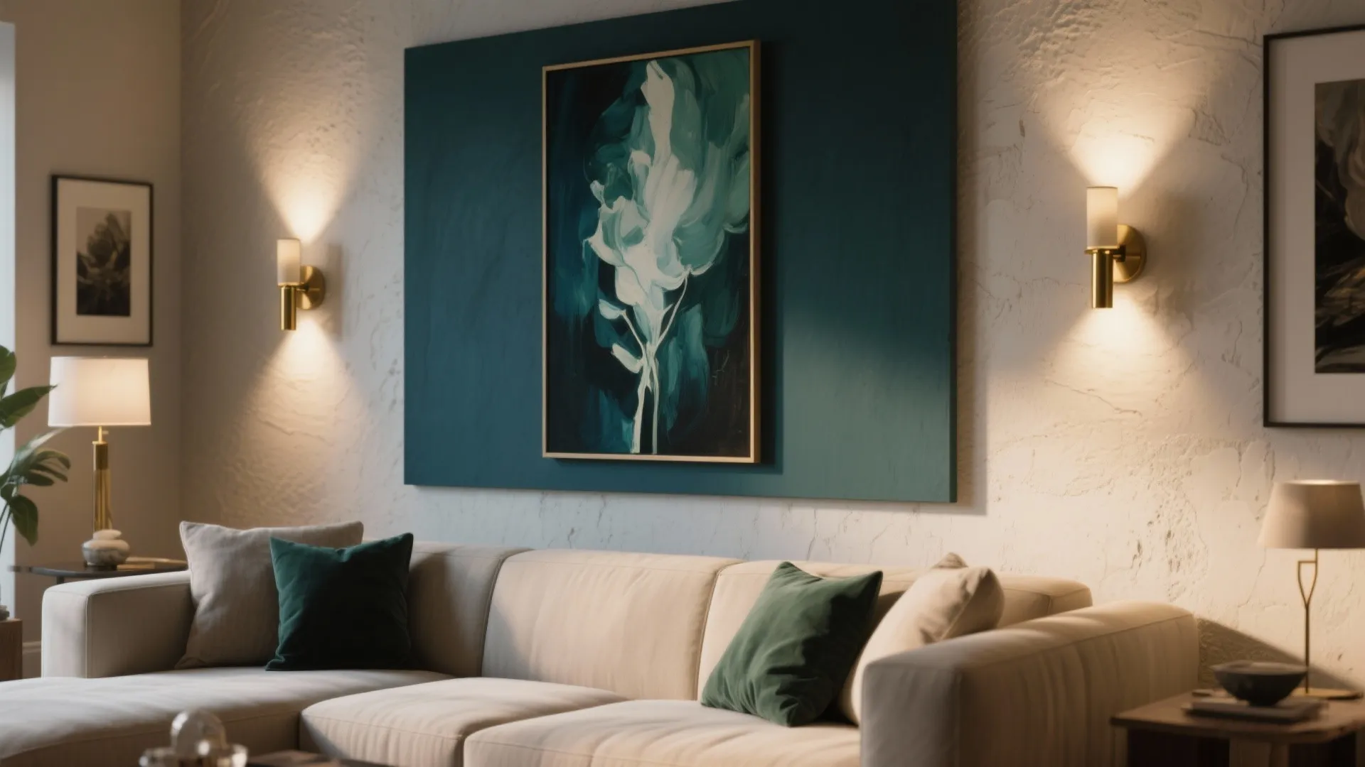 Curated artwork above an L-shaped sofa with directional sconces and layered lighting for gallery-like atmosphere.