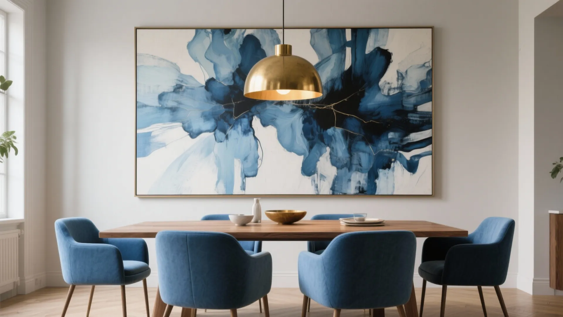 Dining room with blue chairs wood table gold ceiling light and large blue abstract painting