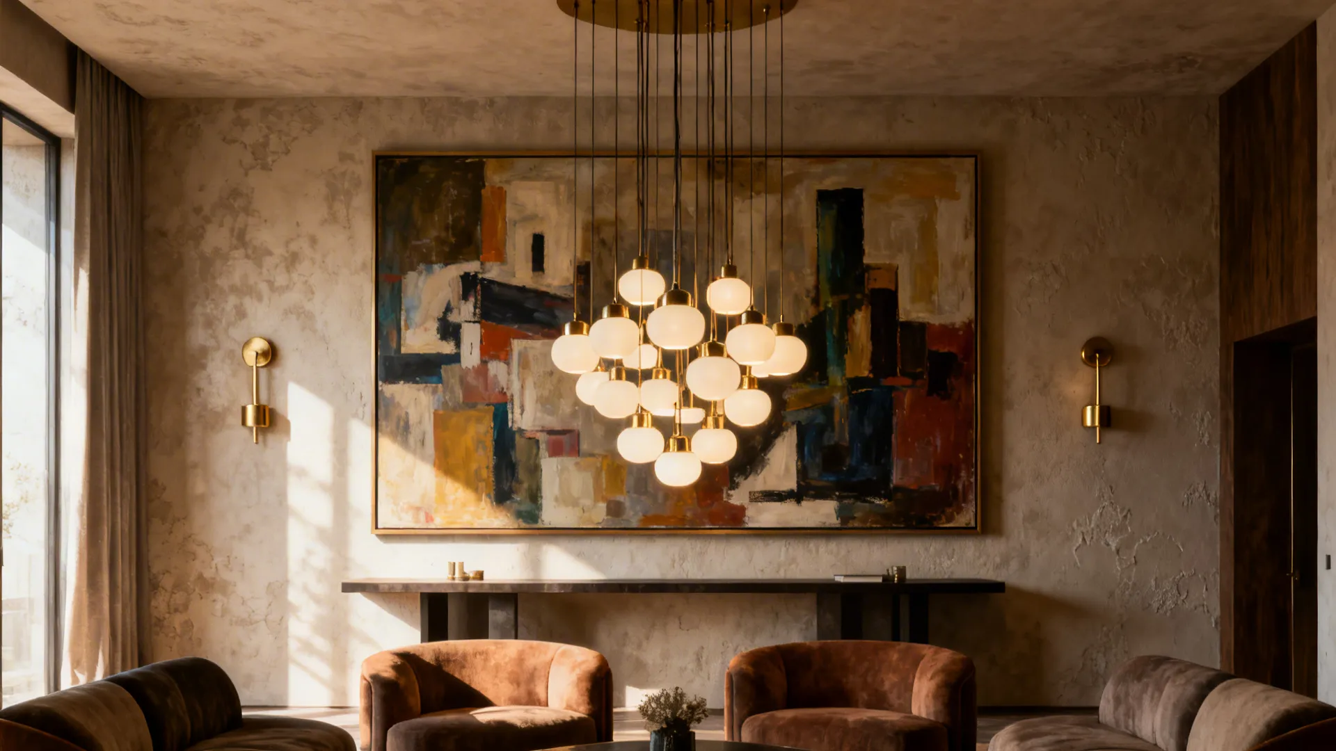 Large-scale art and dramatic chandelier anchoring a spacious living room