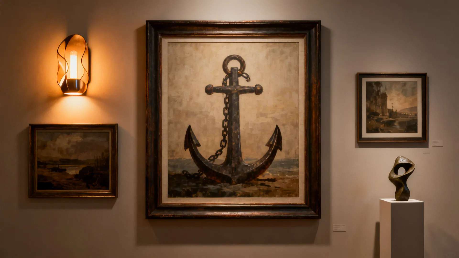 Curated gallery cluster with framed prints, sconce and a slim pedestal in a dining corner.
