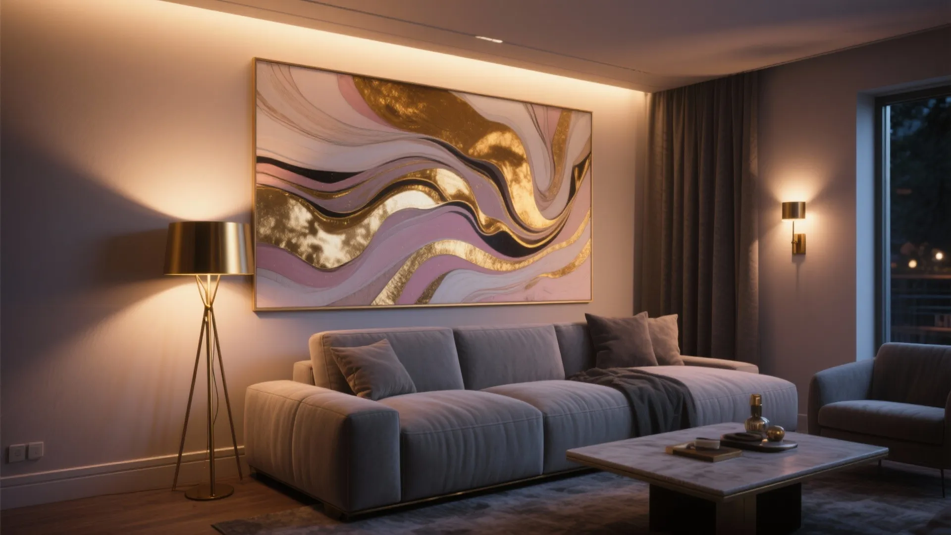 Grey sofa with gold wall art floor lamp marble coffee table and warm light fixture