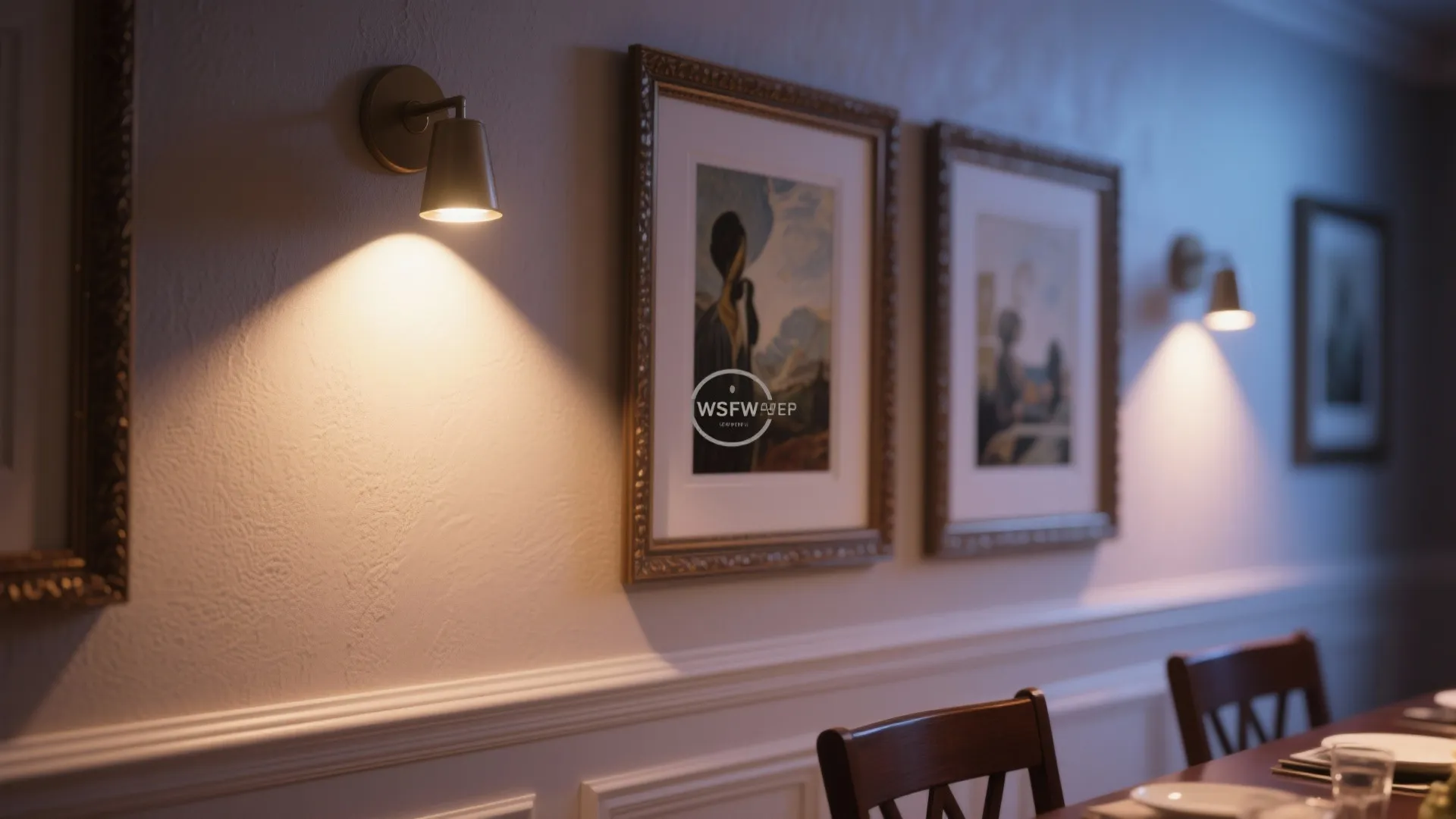 Dining room with wall lights illuminating framed art prints and dark wood table and chairs