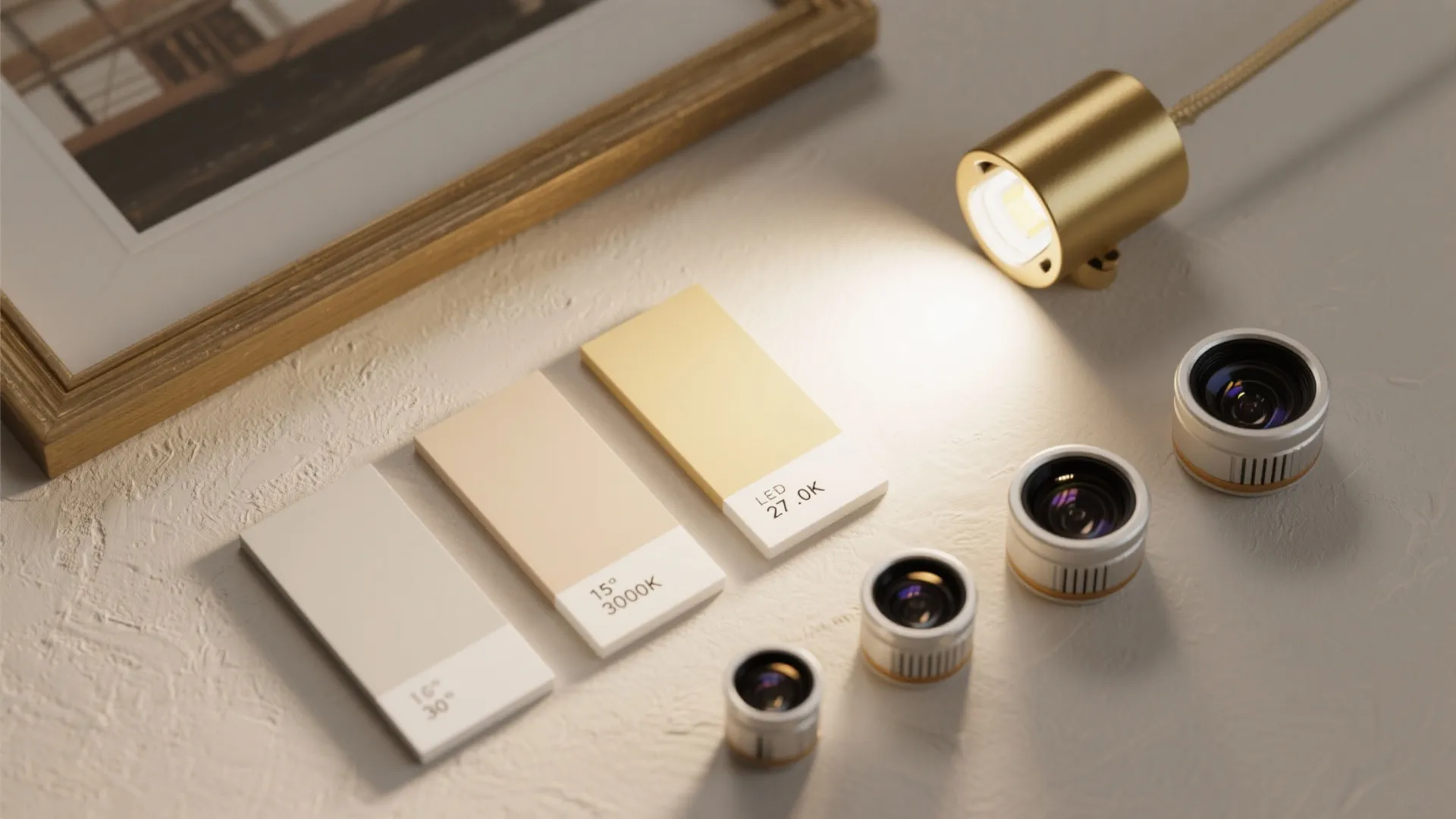 Gold light fixture shining light on color swatches and four silver lenses on beige table