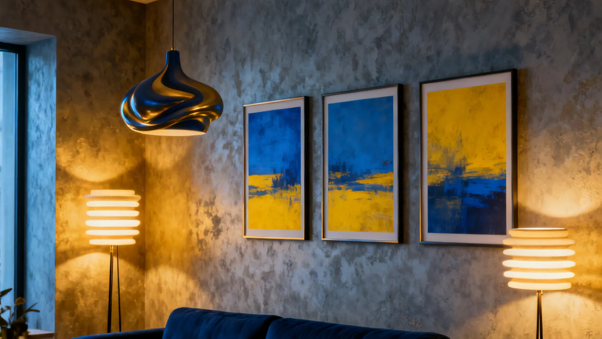 Living room corner with three blue-yellow-grey prints and a sculptural warm pendant light.