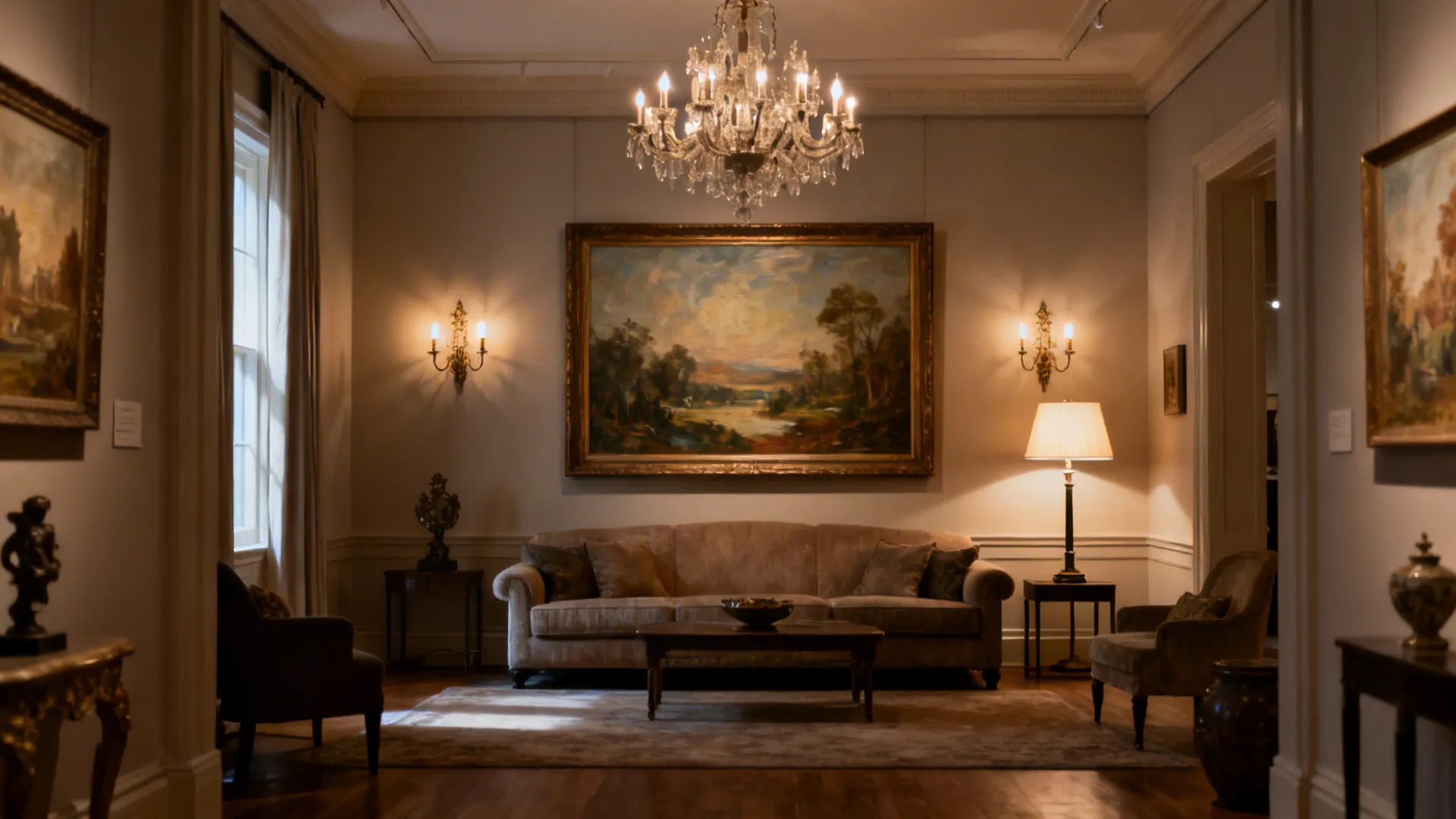 Formal living room with a single large artwork and layered lighting including chandelier and sconces.