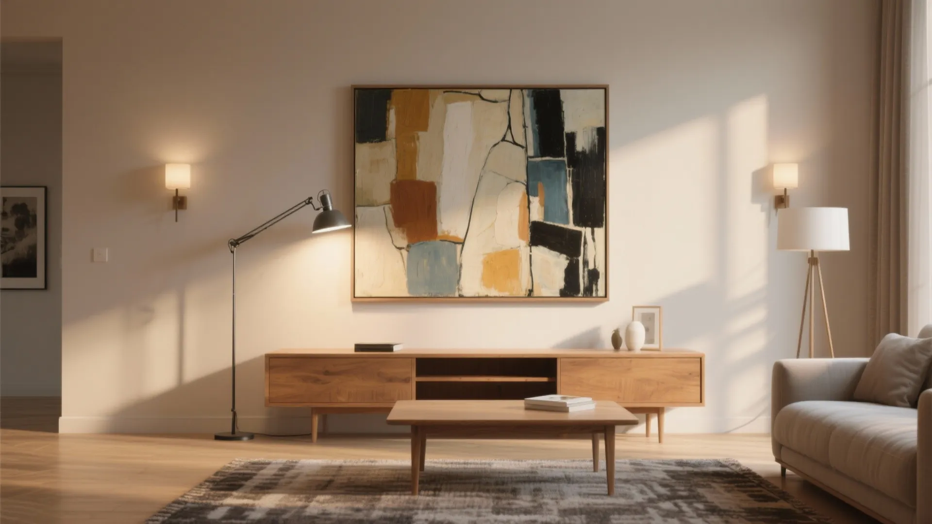 Modern living room with abstract art above a wooden cabinet and several different warm light fixtures