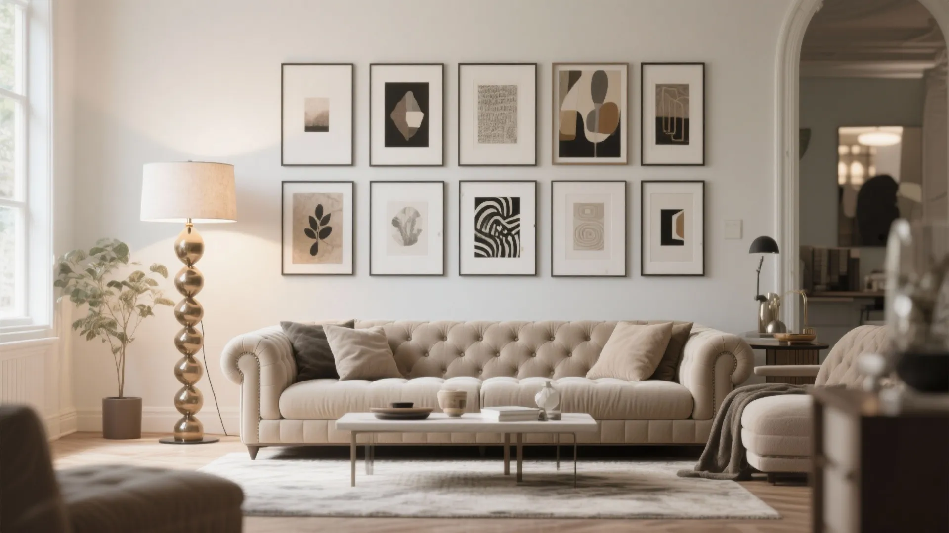 Tufted sofa paired with art pieces and a statement lamp