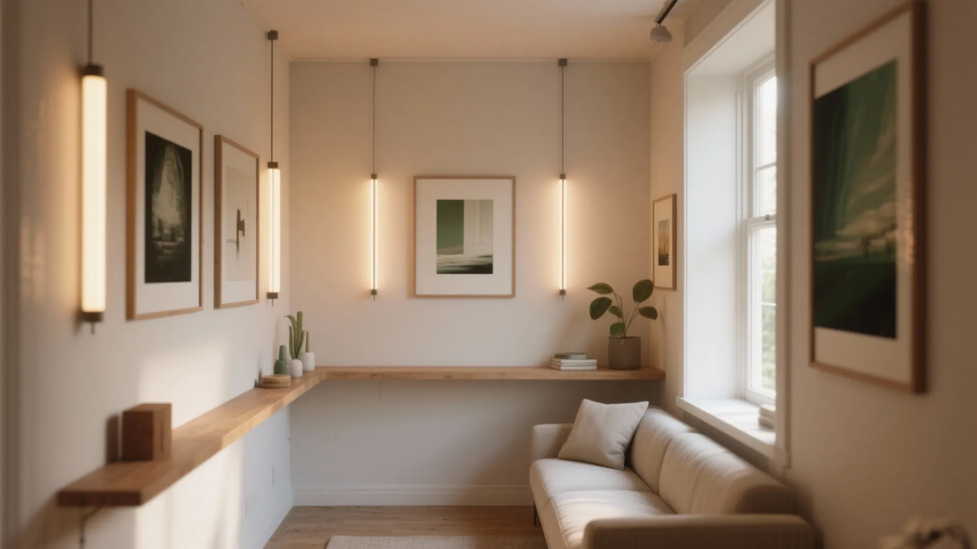 Minimalist living room with white sofa wooden shelf framed wall art and warm hanging lights