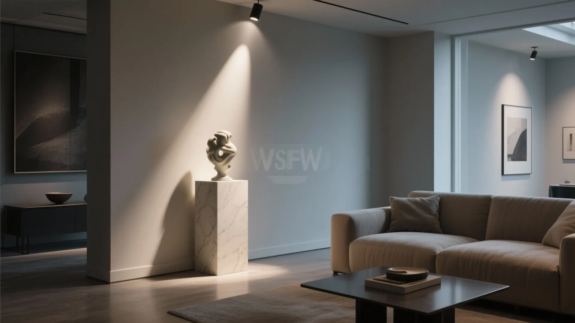 Modern living room with a white sculpture on marble stand under bright spotlight and sofa