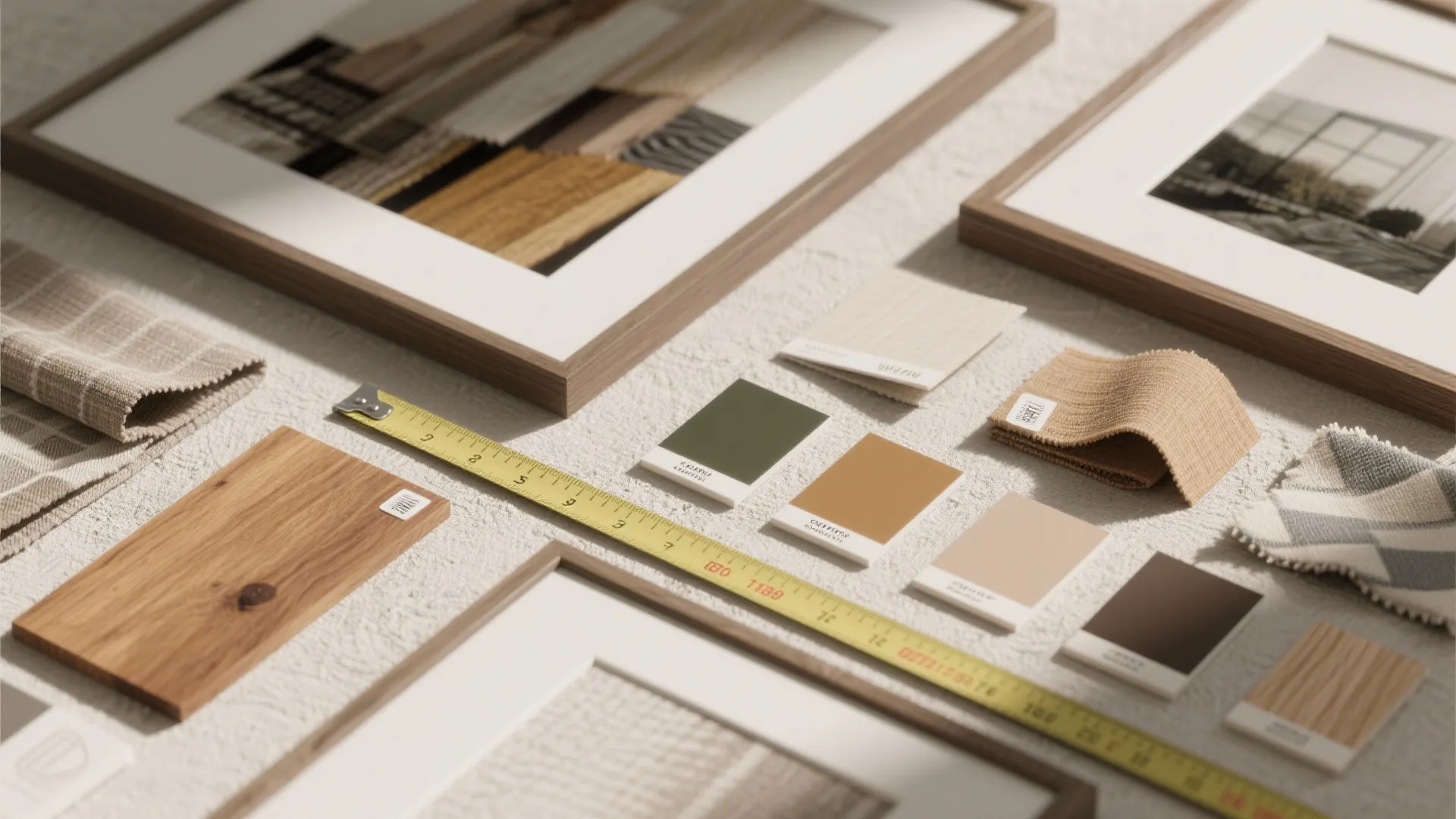 Interior design materials including wood samples fabric swatches color cards and a yellow tape measure
