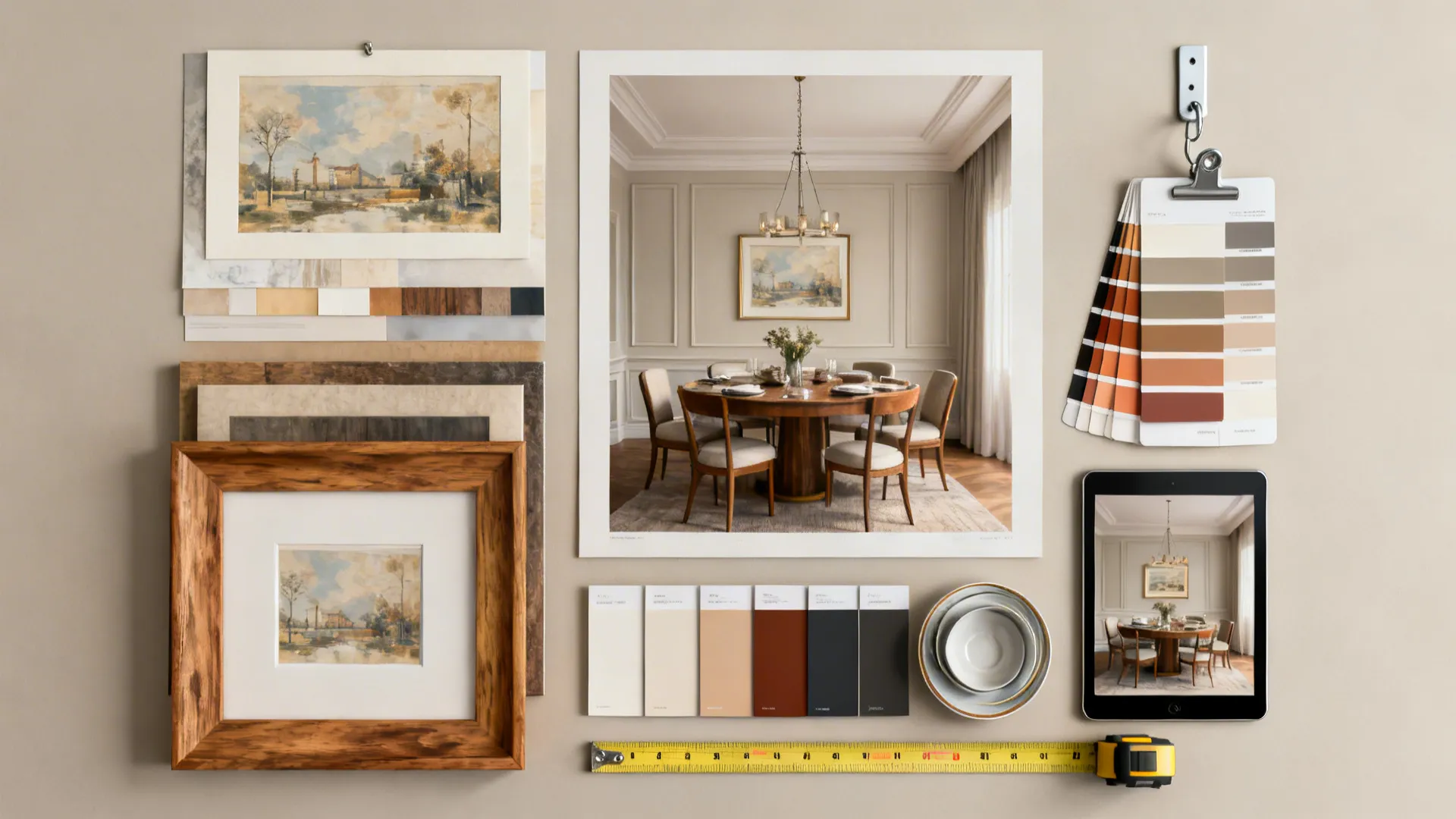 平铺展示：画作样本、框样、色板与法式挂钩等艺术安装材料，便于决策