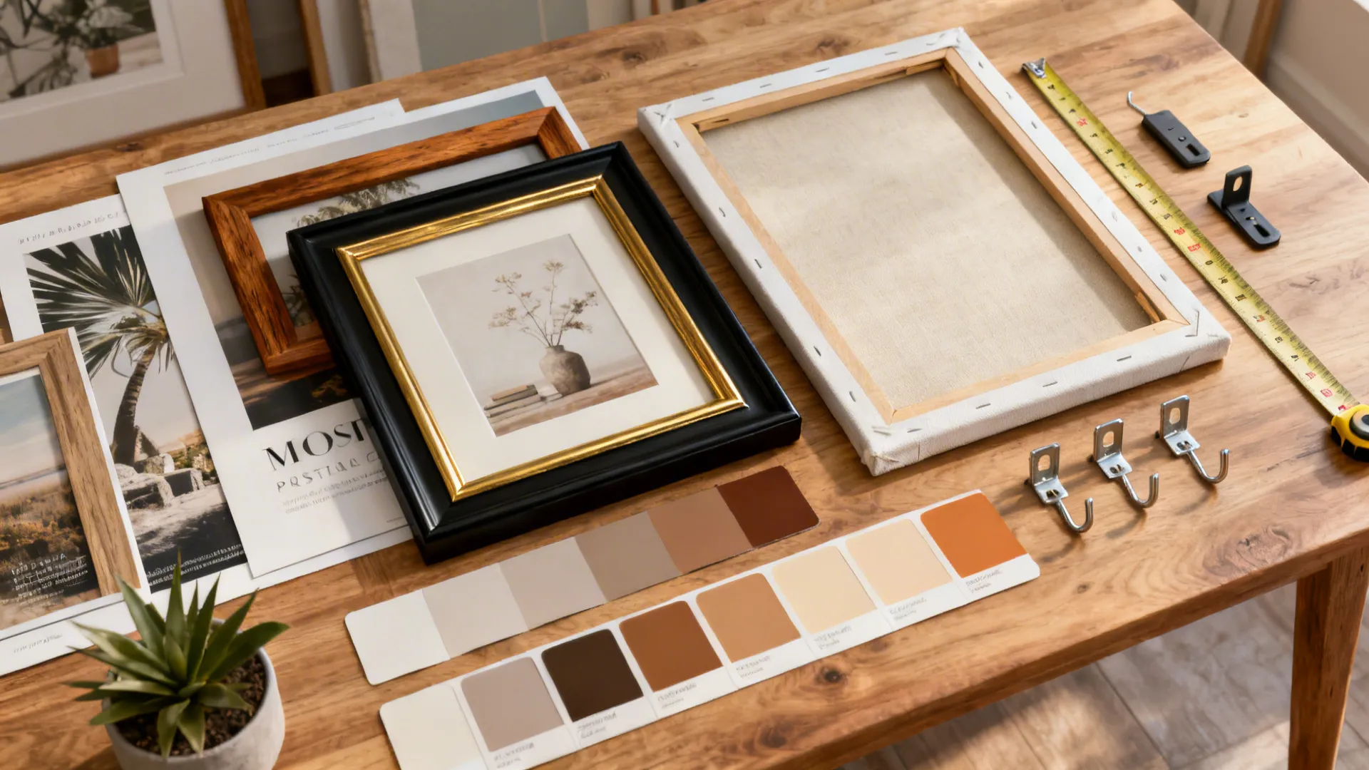 Flatlay of prints, frame samples, canvas, paint swatches, measuring tape and removable hooks