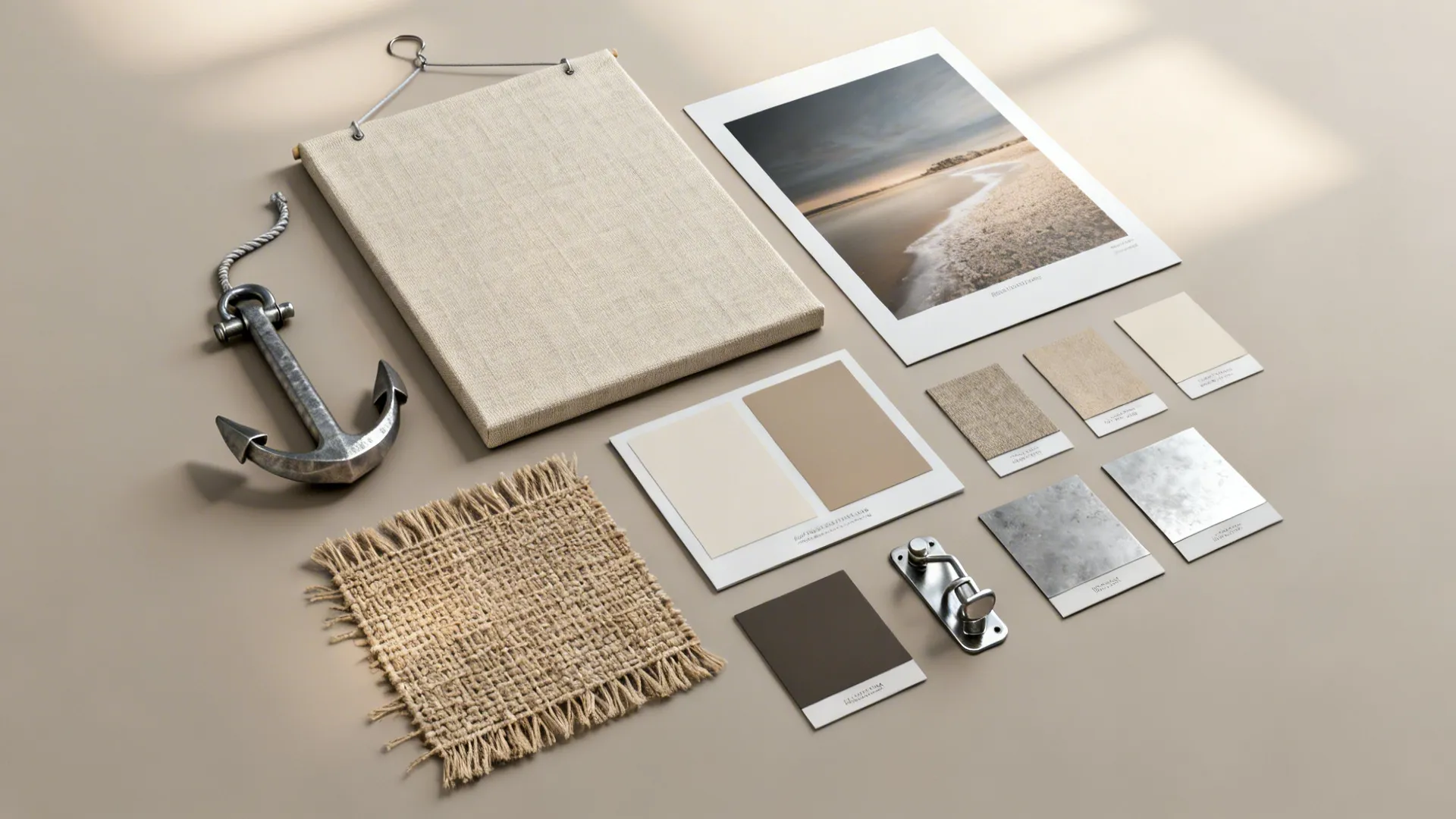 Flatlay of canvas, metal print samples, woven textile fragments and hanging hardware for large-scale artworks.