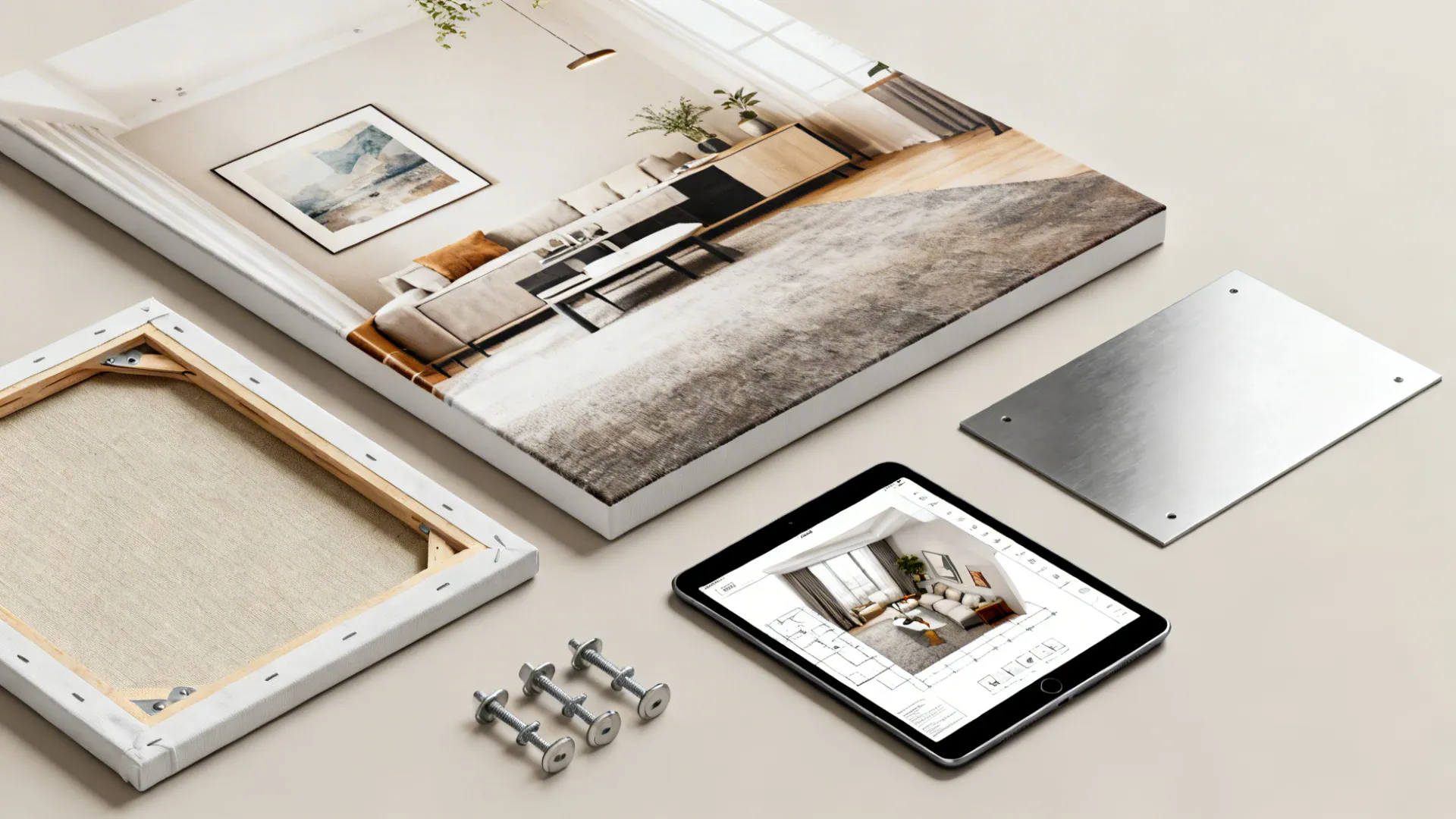 Flatlay of printed canvas, fabric sample, metal panel and mounting hardware with a tablet showing a room planner.