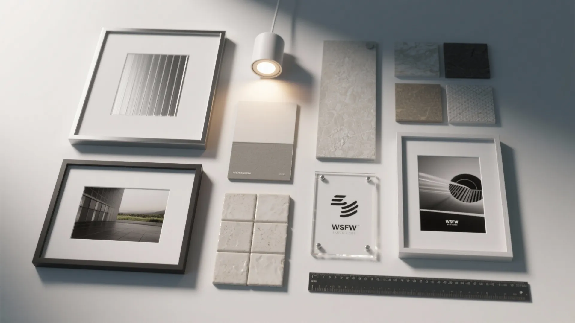 Top view of interior design materials including wall tiles stone samples picture frames and ruler