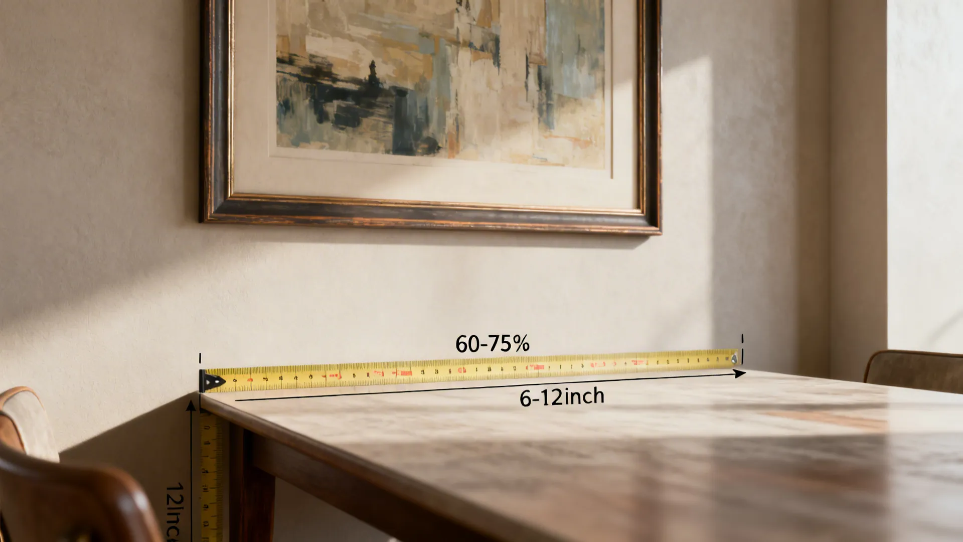 Close-up showing measuring guidelines for art above a dining table (60–75% width, 6–12 inches clearance).