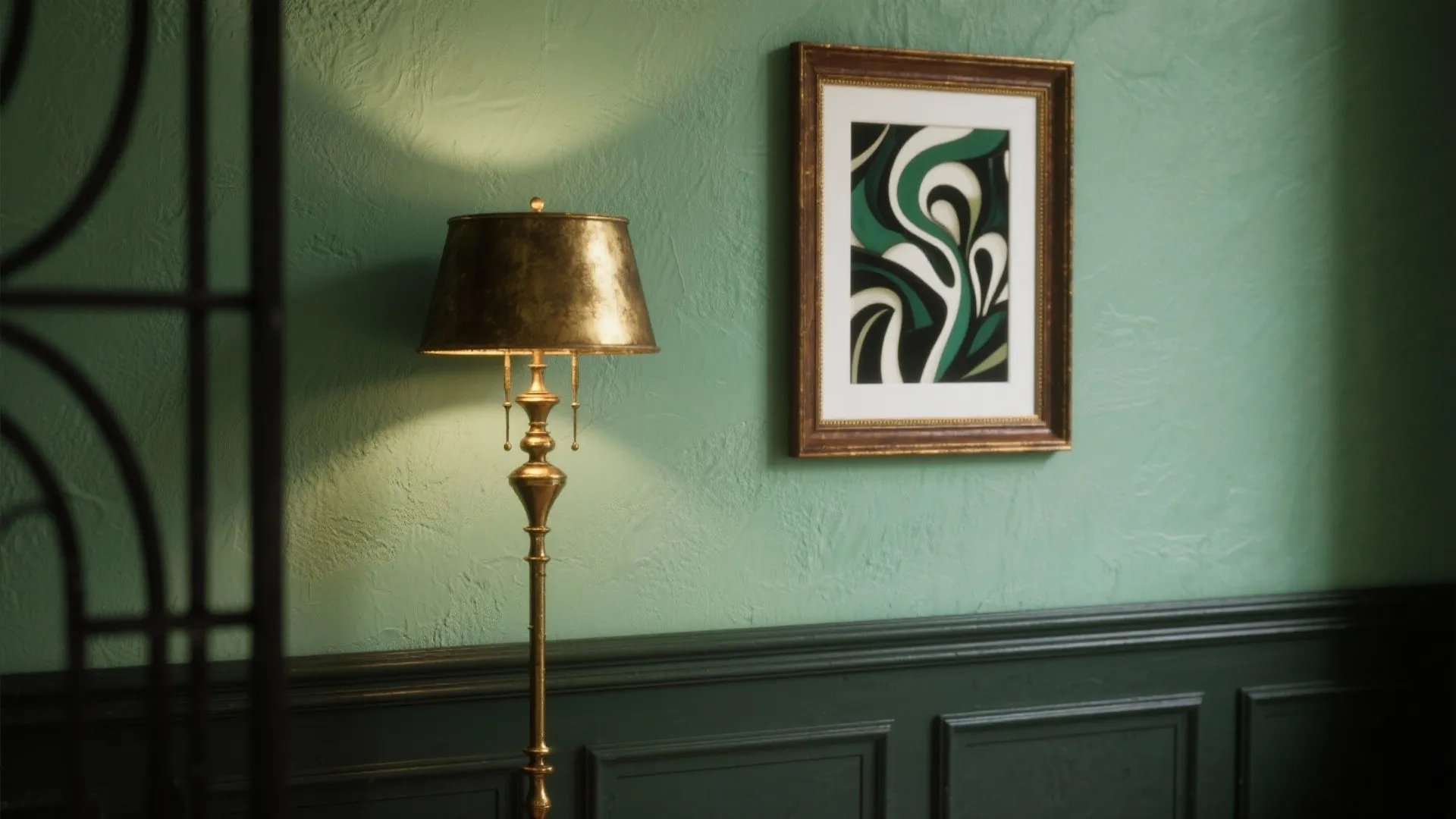 Vintage gold floor light standing against green wall with framed abstract art and wall panels