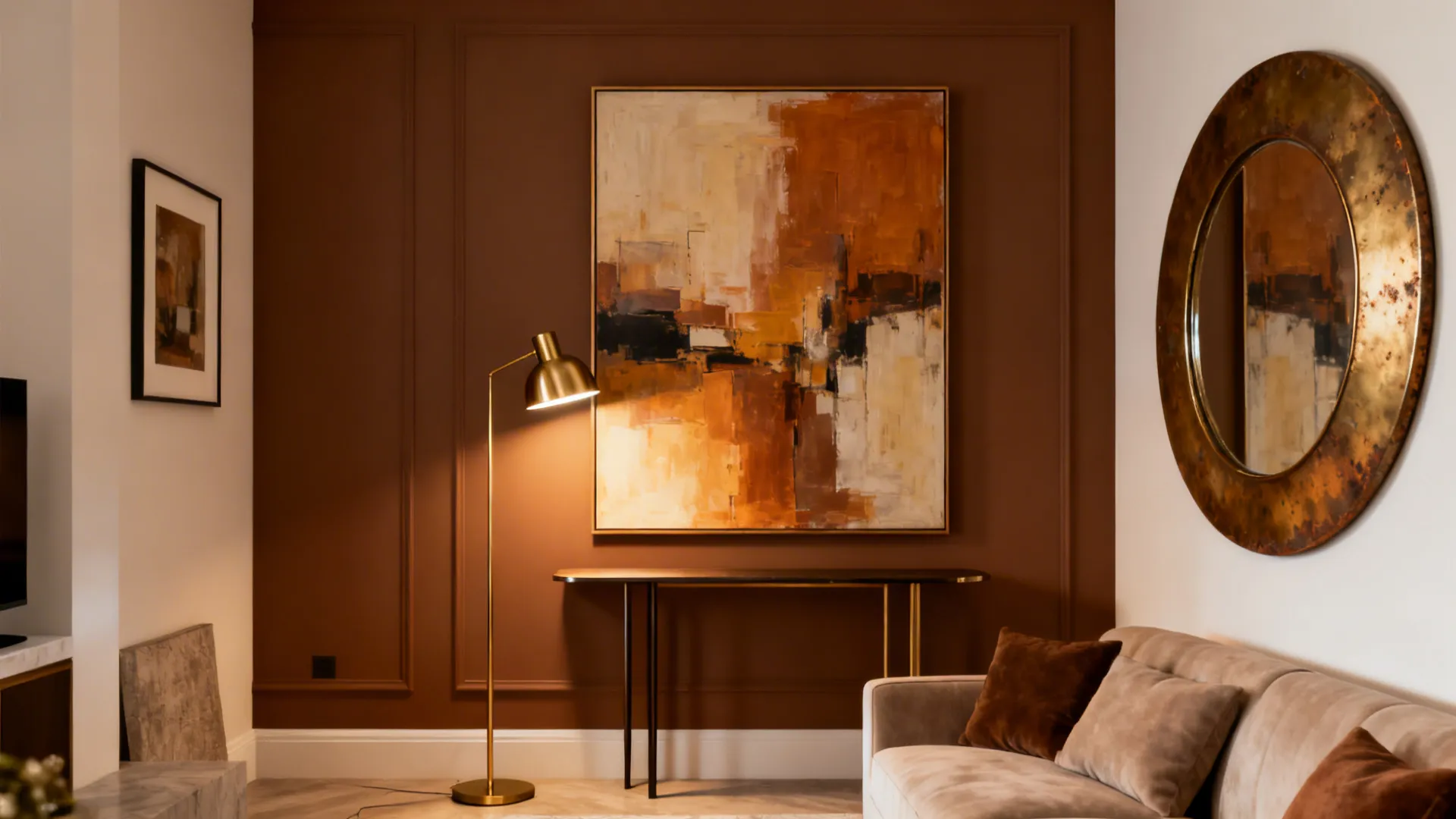 Brown wall with oversized art and brass mirror illuminated by warm picture lights