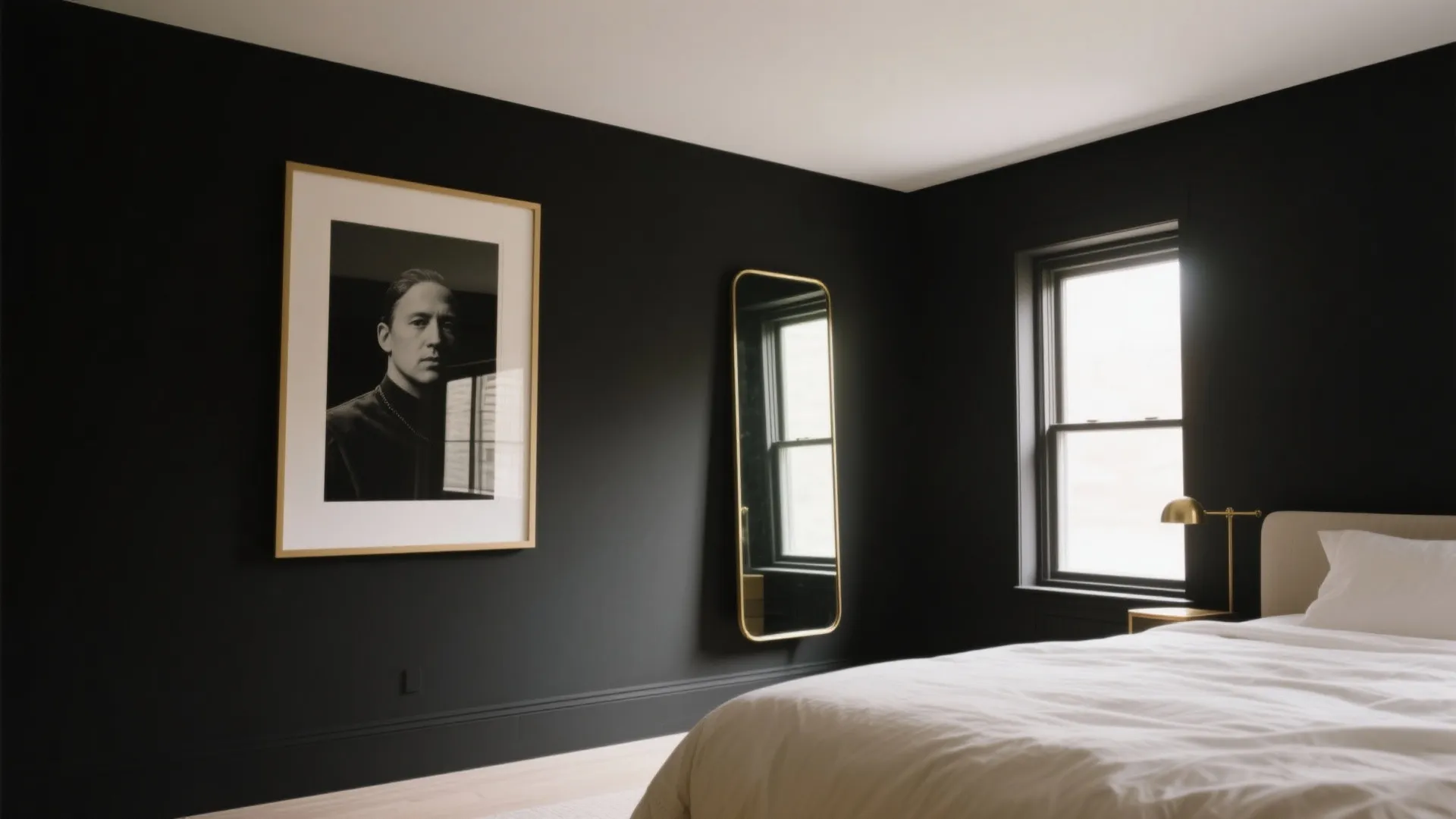 Minimalist bedroom featuring black walls large framed wall art tall mirror window and white bed
