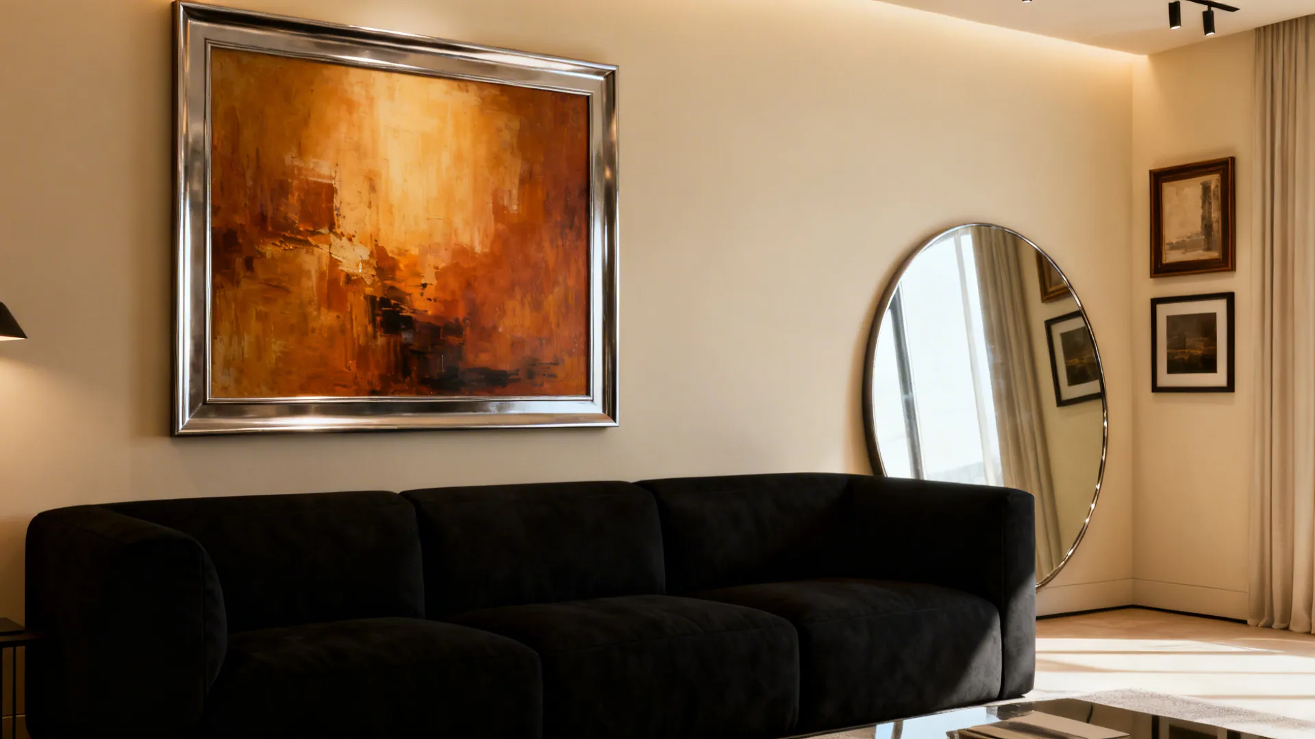Large warm-toned artwork and round mirror above a black sofa balancing darkness and reflecting light.