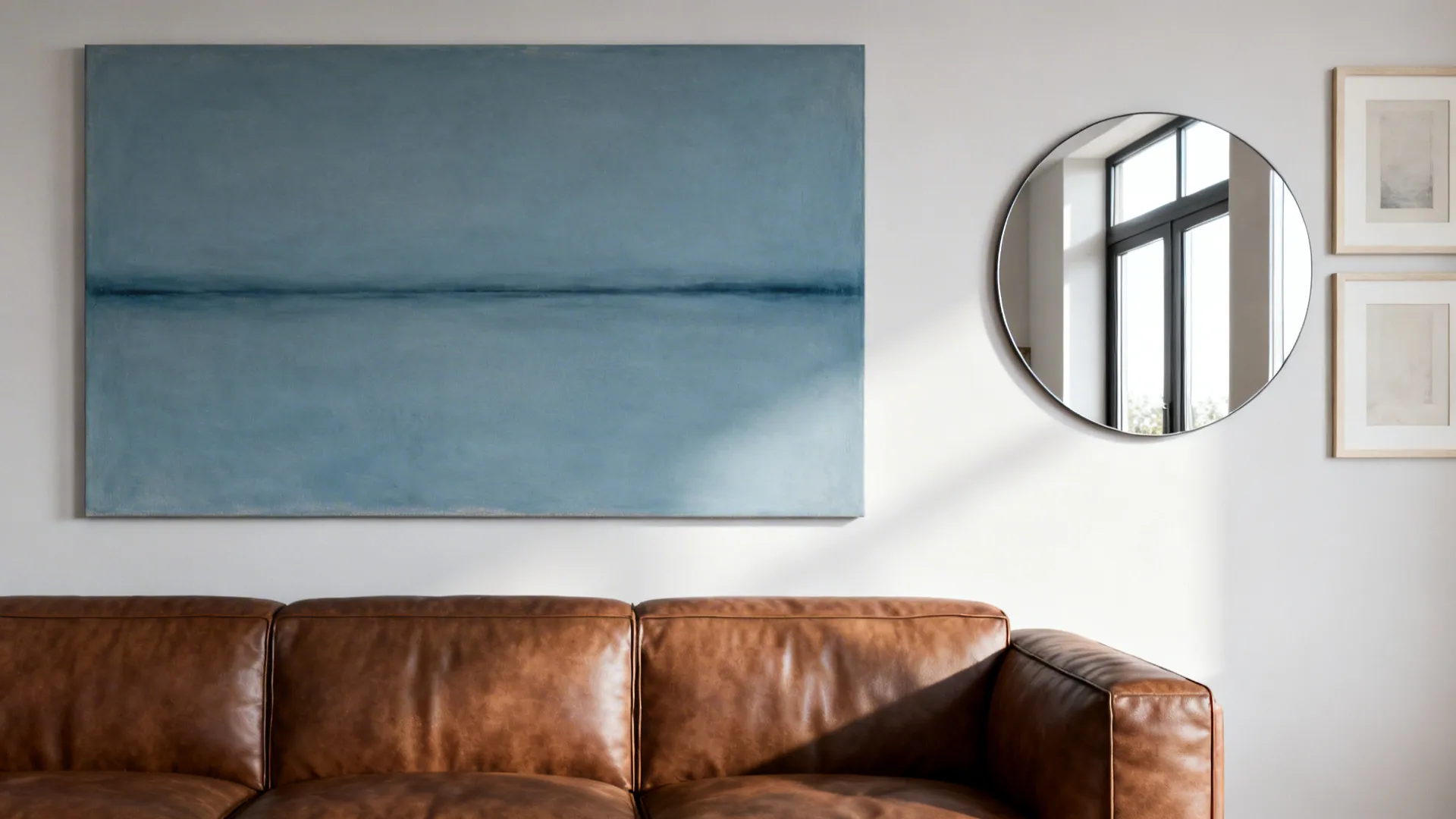 Brown leather sofa balanced by a large muted-blue abstract and a round mirror to add vertical contrast.