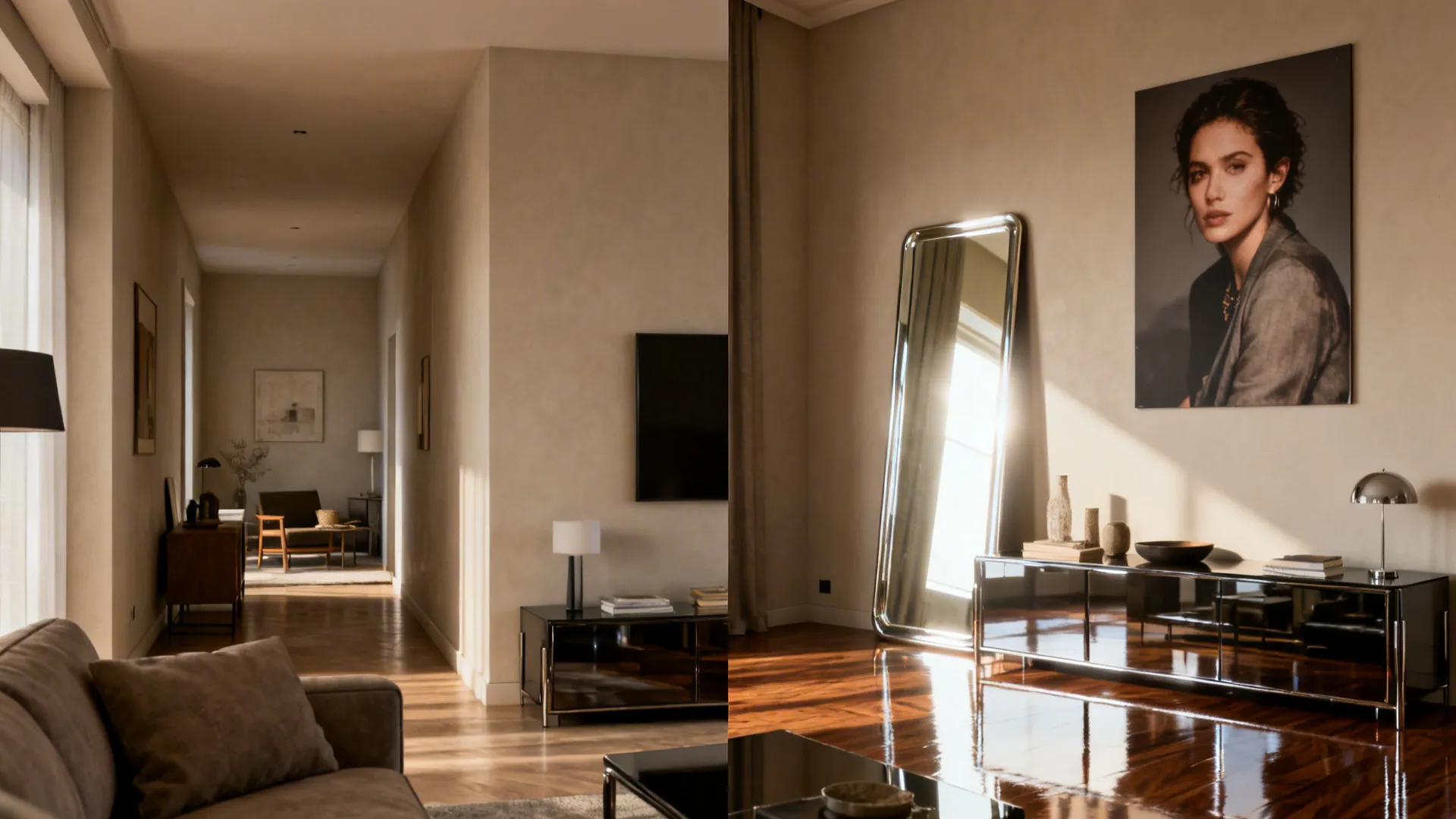 Split before-and-after of a narrow living room showing the effect of a tall mirror and curated art to increase perceived space.