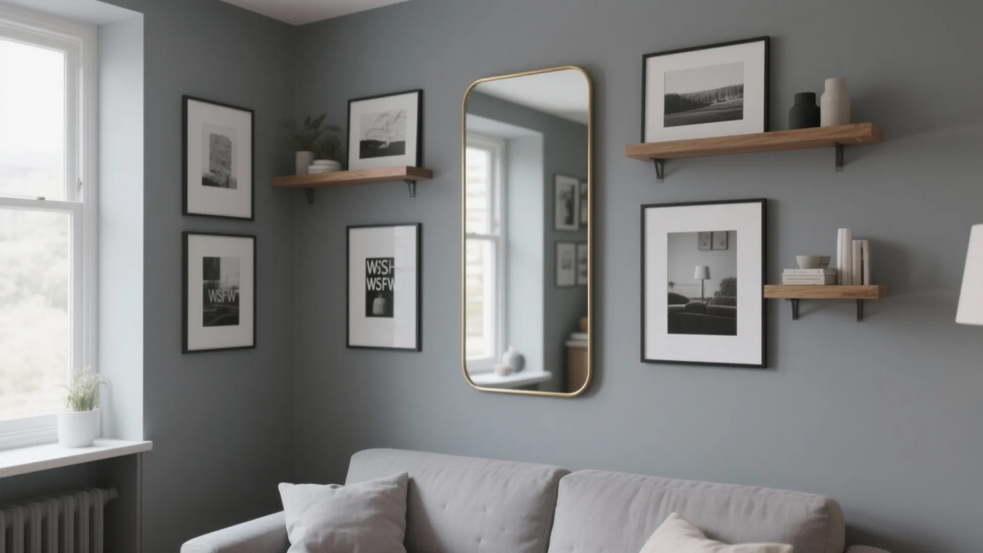 Grey wall with a gold mirror wooden shelves picture frames and a grey fabric sofa