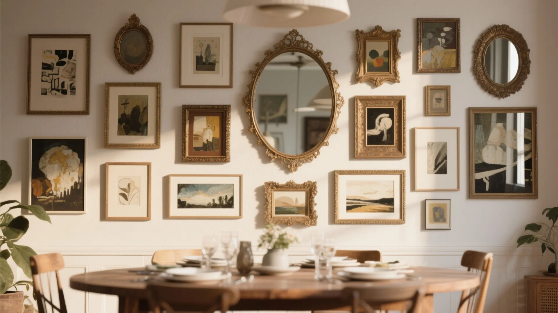 Gallery wall above a wooden dining table featuring various framed art pieces and golden mirrors