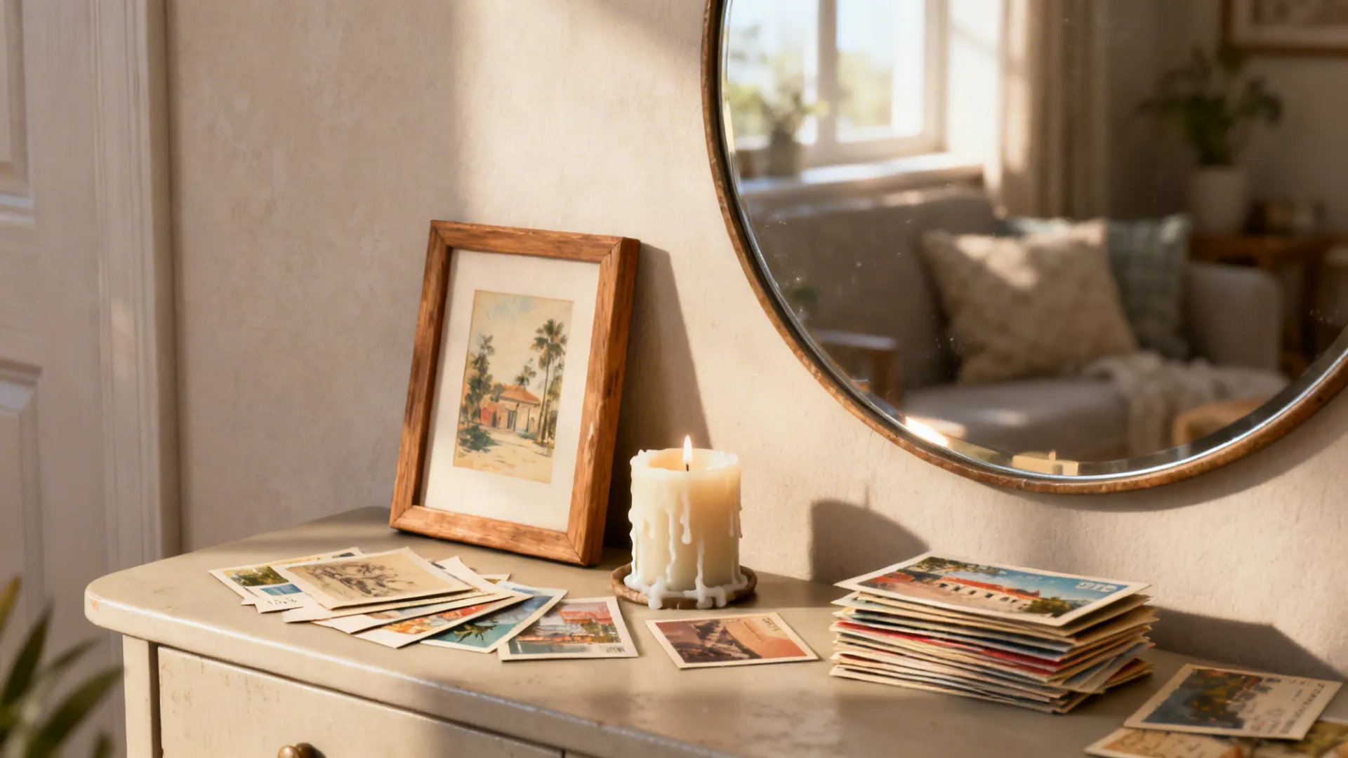 End table layered with a framed print, round mirror, candle, and postcards