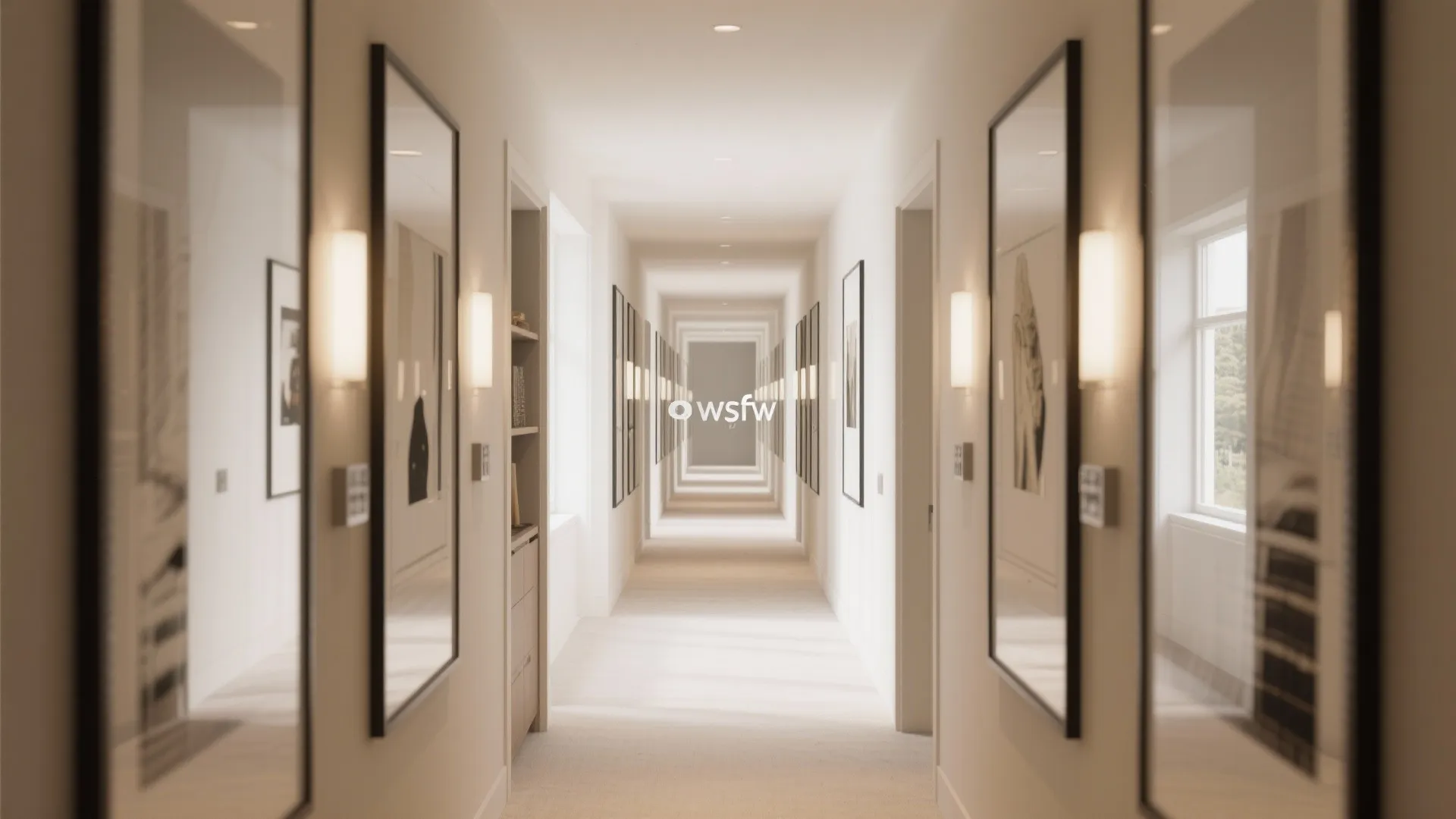 Long white hallway with many wall lights and framed art pieces on both side walls