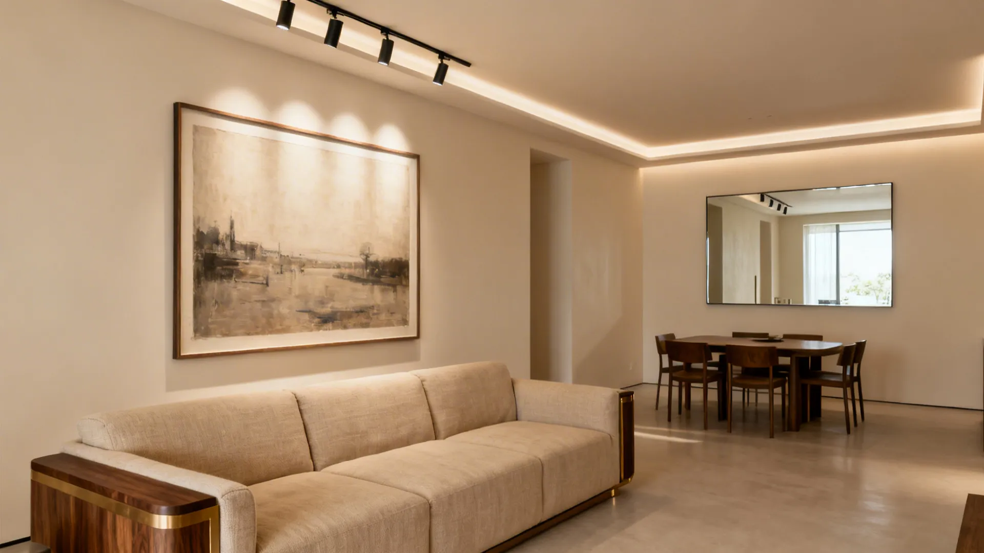 Oversized artwork above a modern sofa and a slim mirror opposite the dining area enhancing light and scale.