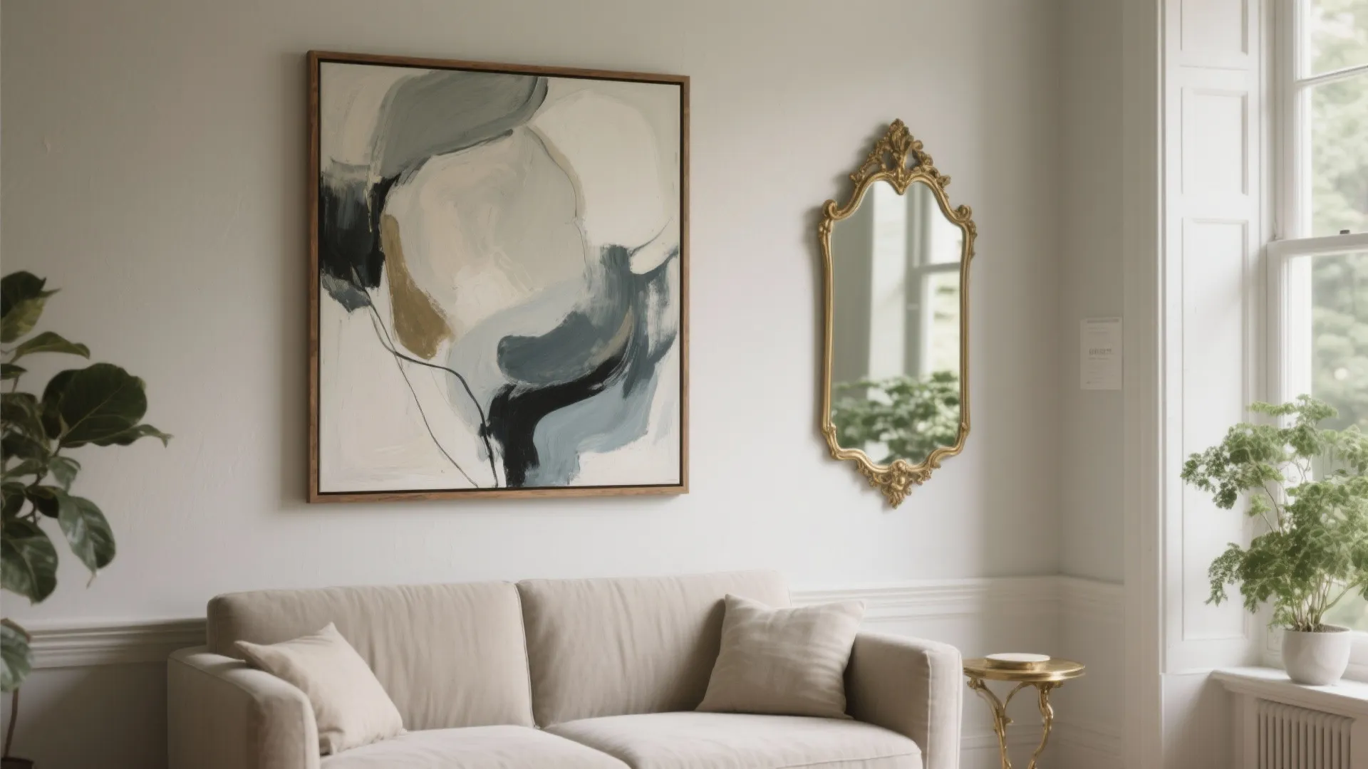 Beige sofa in living room with abstract wall art gold mirror side table and green plant