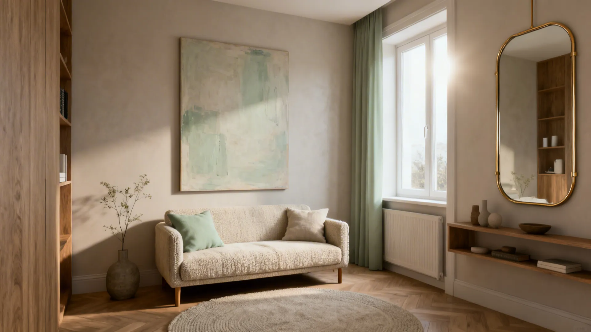 Petite linen sofa with oversized artwork and a slim brass mirror reflecting window light.