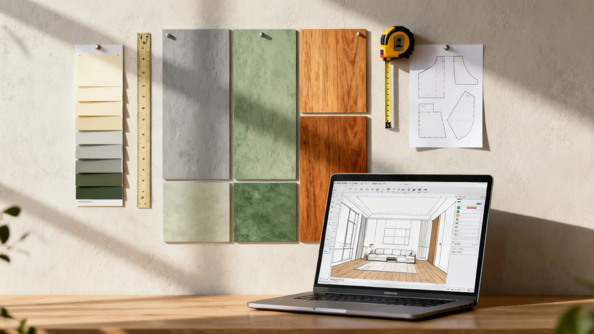 Moodboard and tools for previewing art placement, including swatches, templates and a room planner mockup