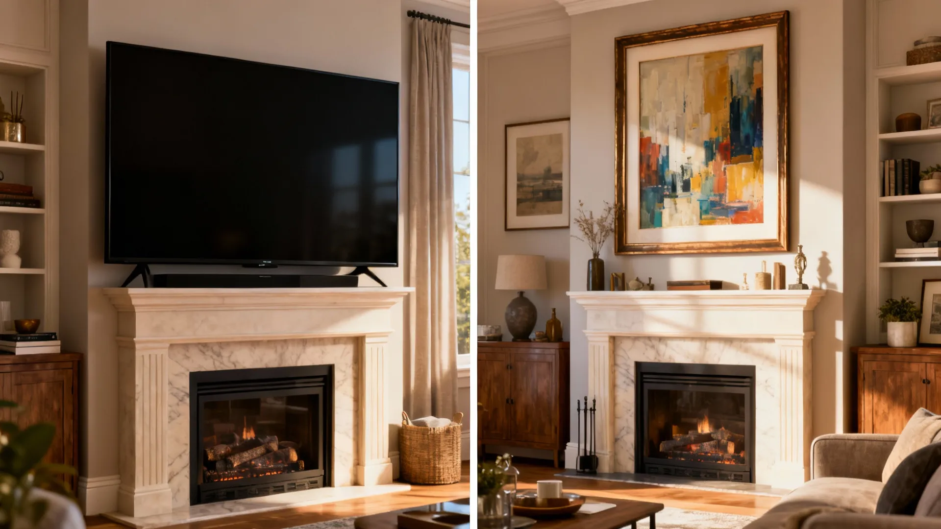 Before and after comparison showing a black television screen replaced by colorful framed wall art