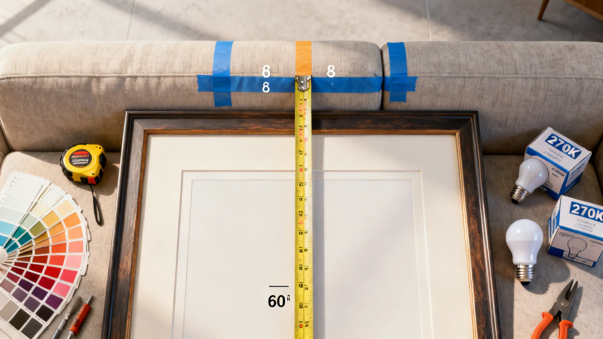 Top-down layout showing 60-inch centerline, 6–8 inch spacing, mats, and warm-dim bulbs.