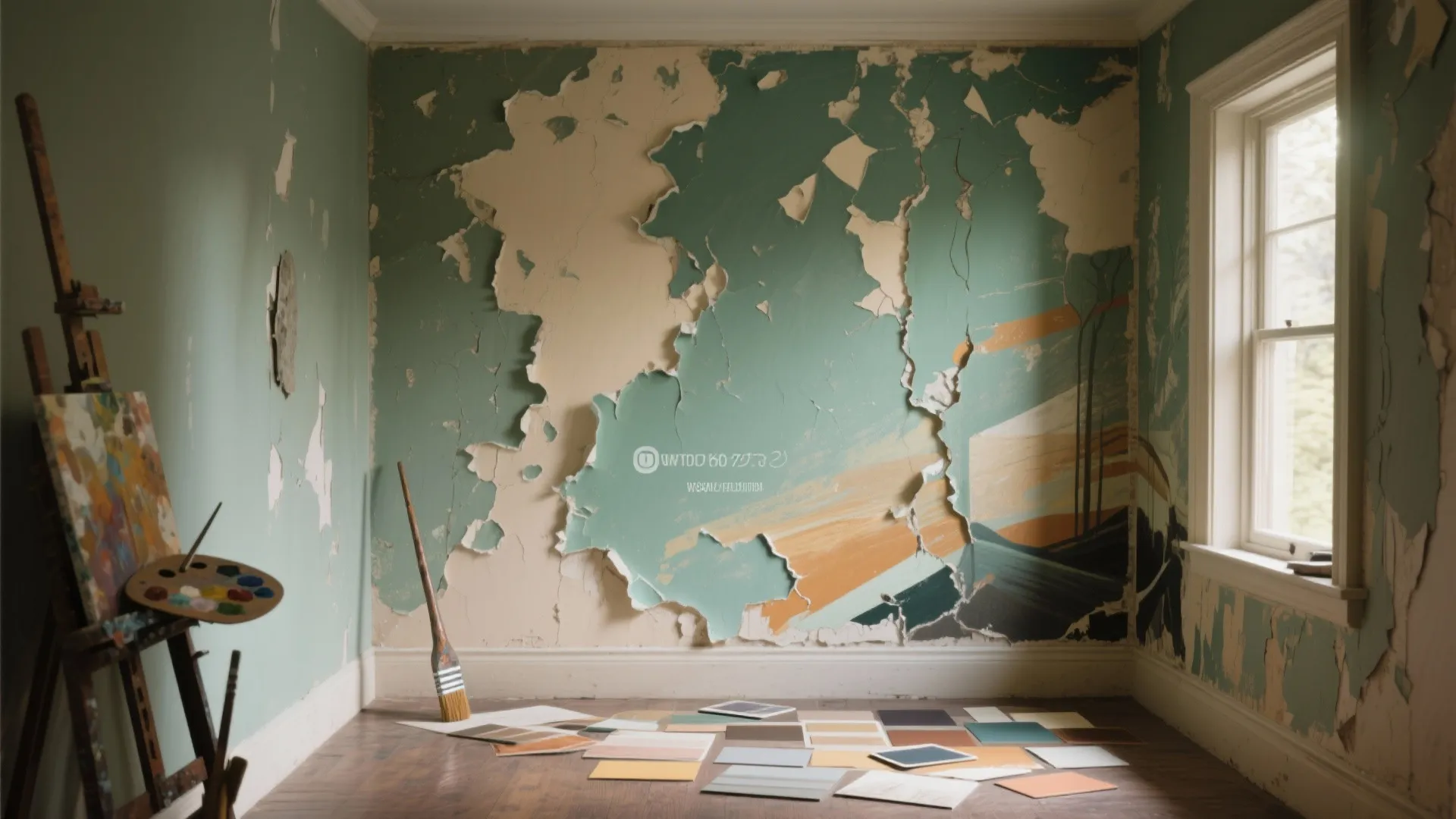 Artist studio with peeling green wall paint, wooden floor, color samples, brushes, and window light