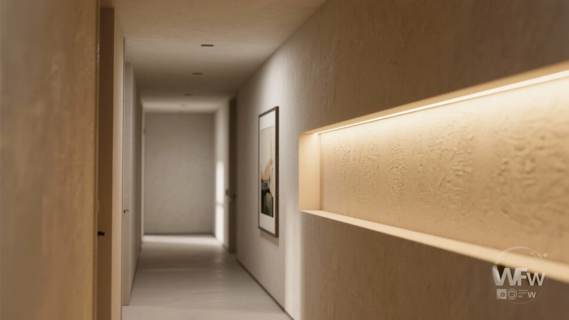 Narrow hallway with a recessed wall niche warm light strip textured walls and framed art