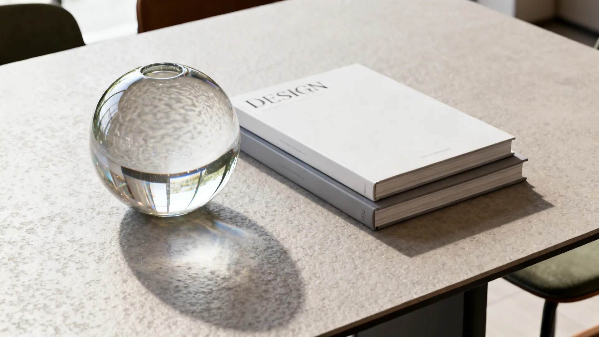 Hand-blown glass orb and a small stack of design books styled on a compact dining table
