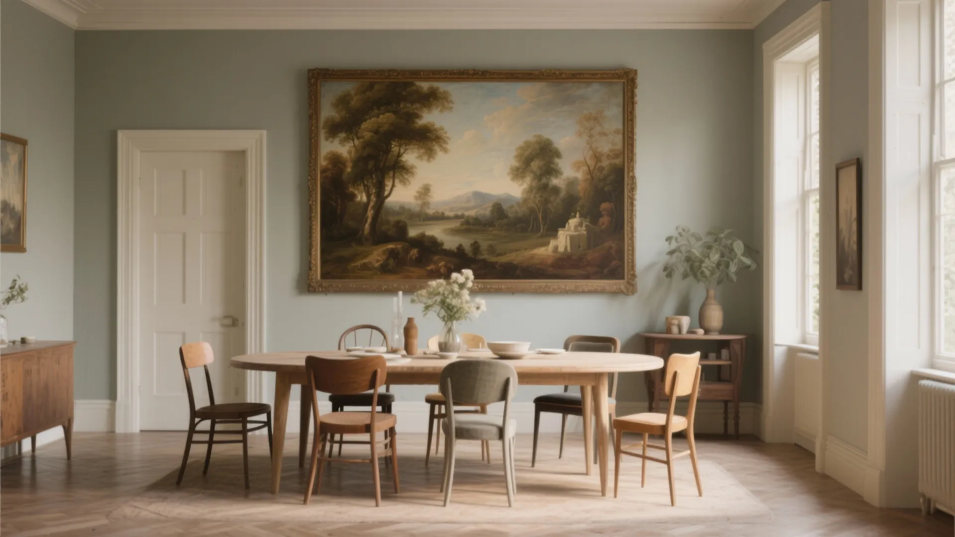 Vintage oil painting above a dining table with mismatched chairs