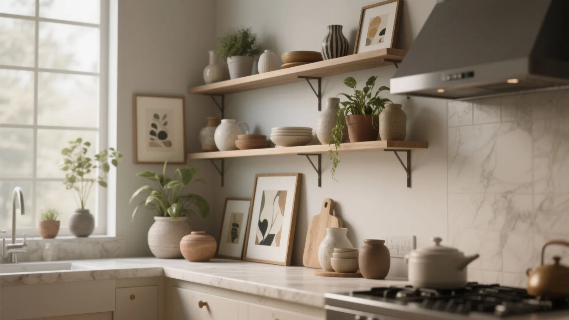 Kitchen countertop with marble surface wooden open shelves displaying art frames pottery and small green plants
