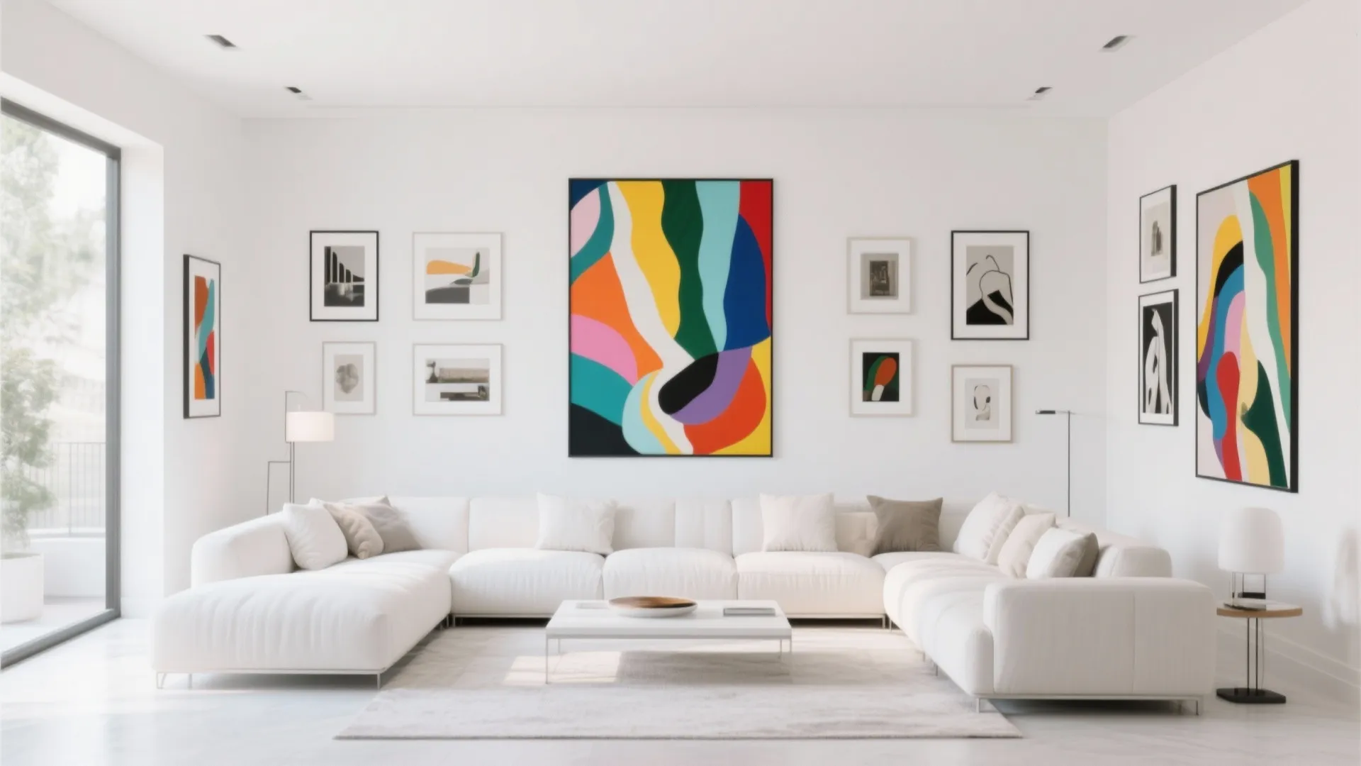 Spacious white living room featuring colorful abstract wall art and a large modular corner sofa
