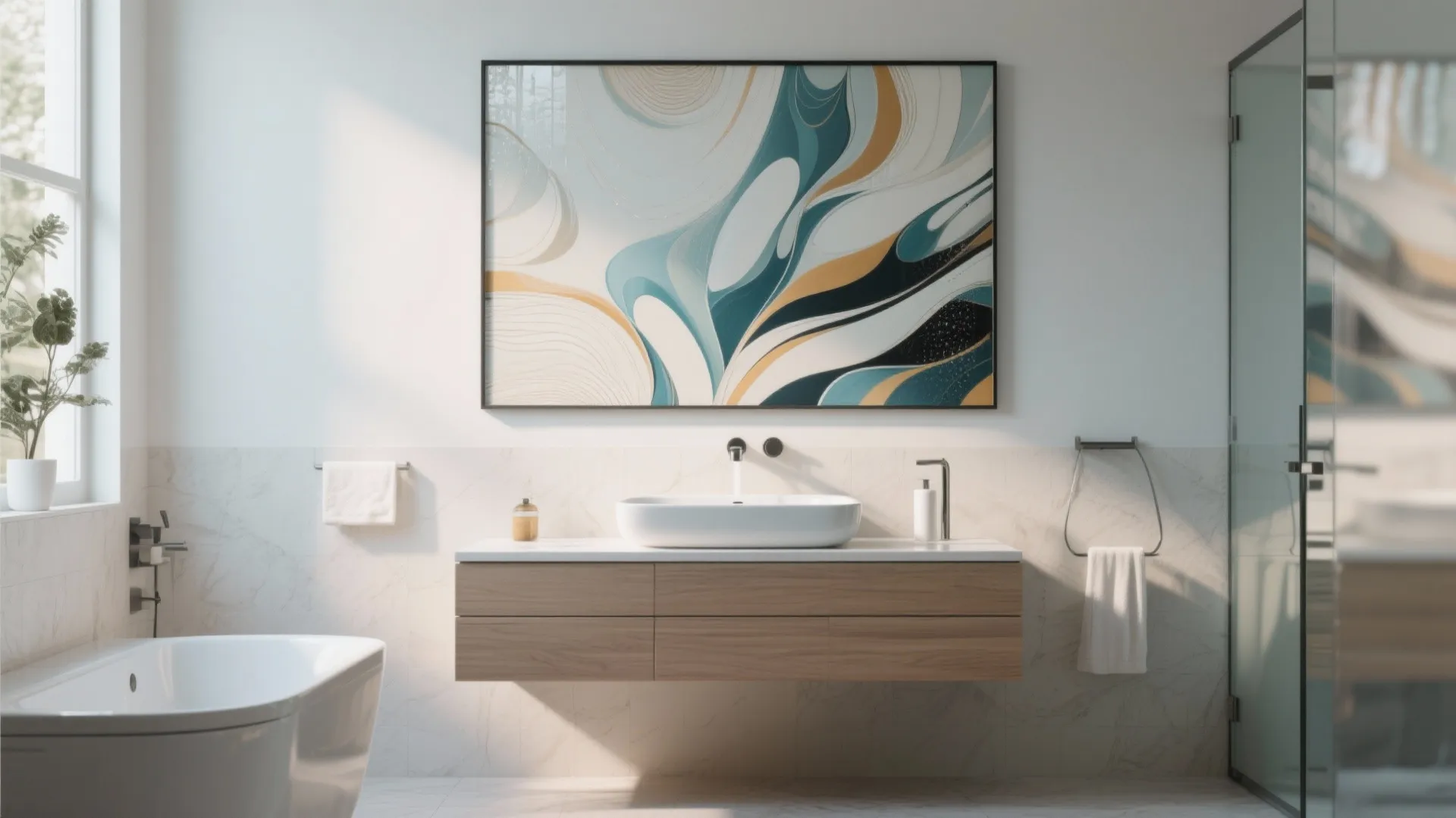 Modern bathroom with large abstract wall painting, floating wooden cabinet, white sink, bathtub, and glass