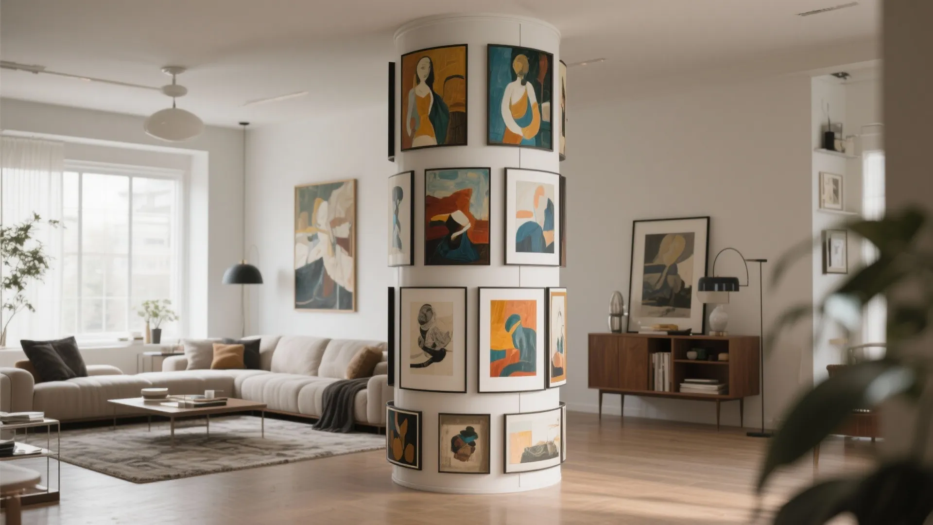 Modern living room with gallery wall column featuring framed art beige sofa and wooden floor