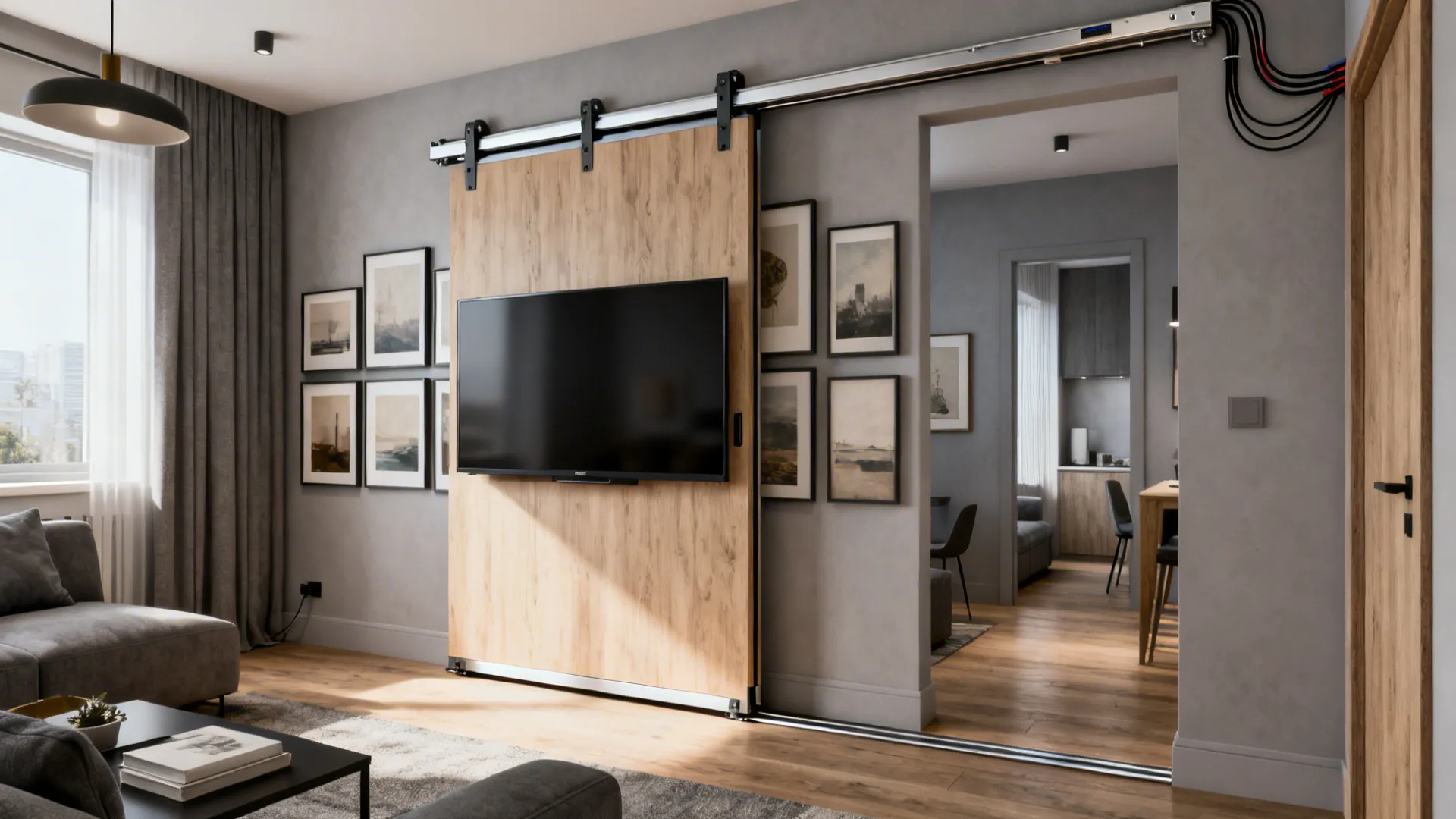 Compact living room with framed art panels on a sliding track that reveal a hidden TV.