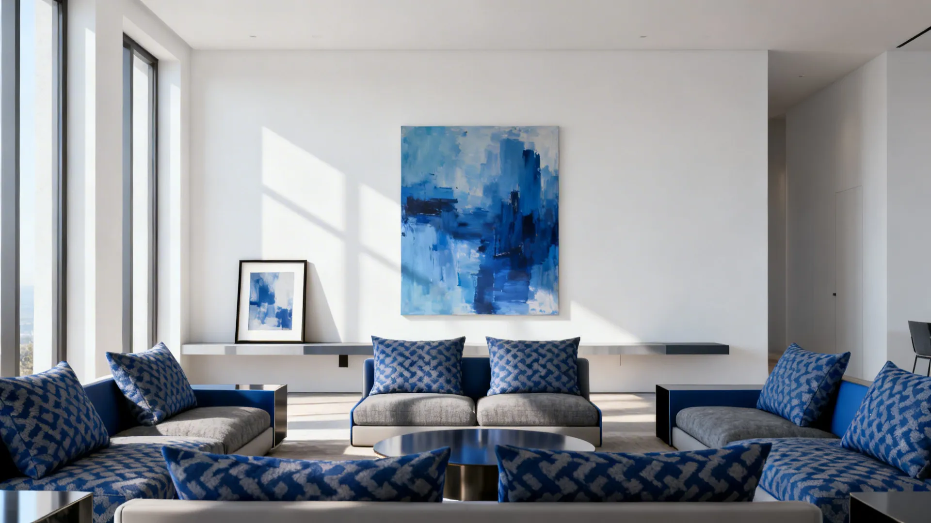 Large abstract in blues above seating with patterned blue-grey cushions and framed prints for swapping