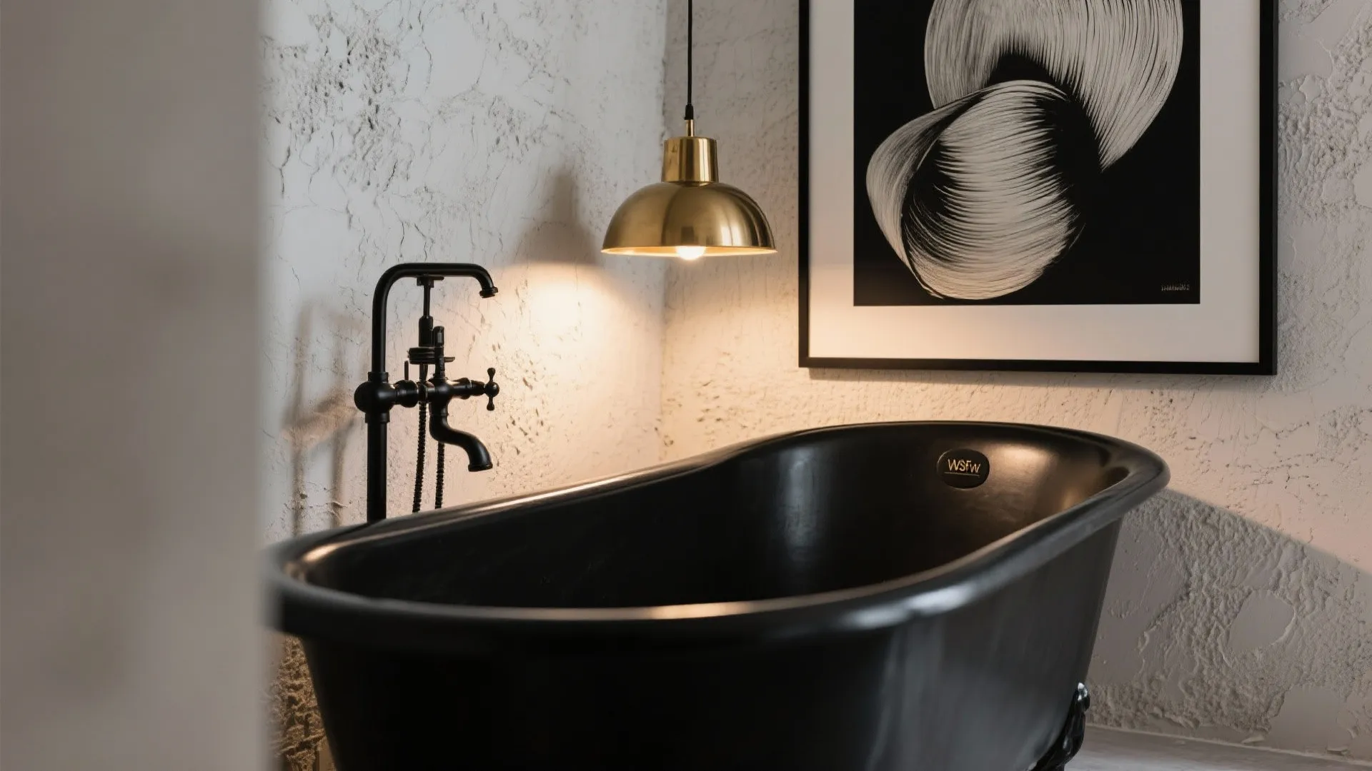 Black bathtub next to white textured wall with gold ceiling light and framed wall art