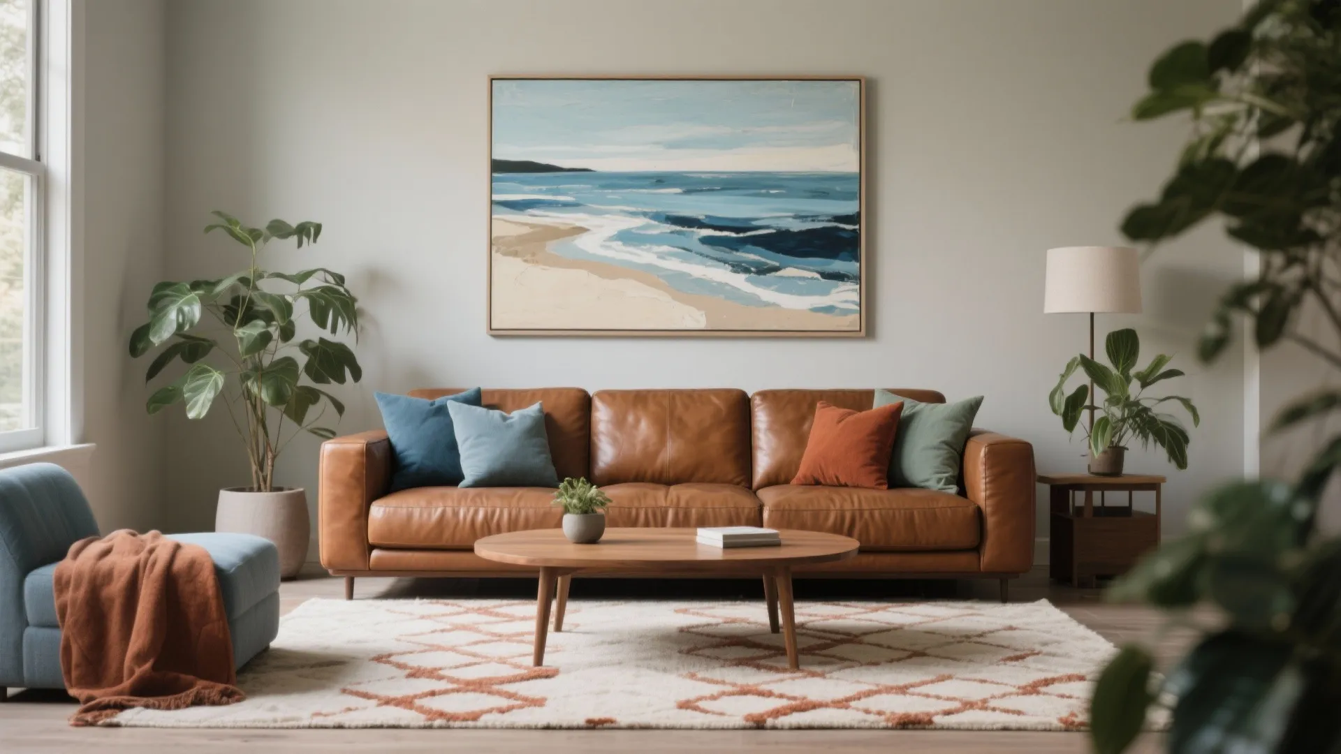 5) Add color with art and pillows: blue, rust, and sage